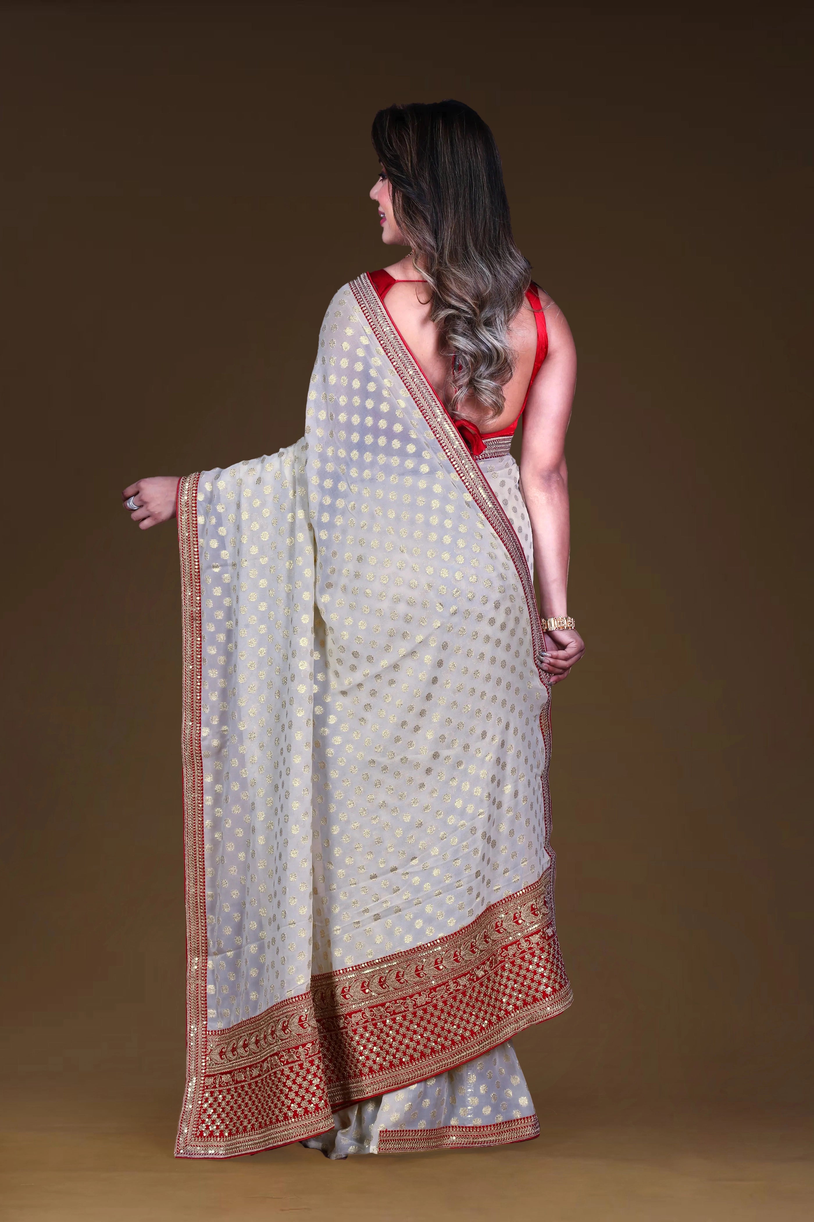 White & Red Semi Chiffon Banarasi With Blouse Piece
