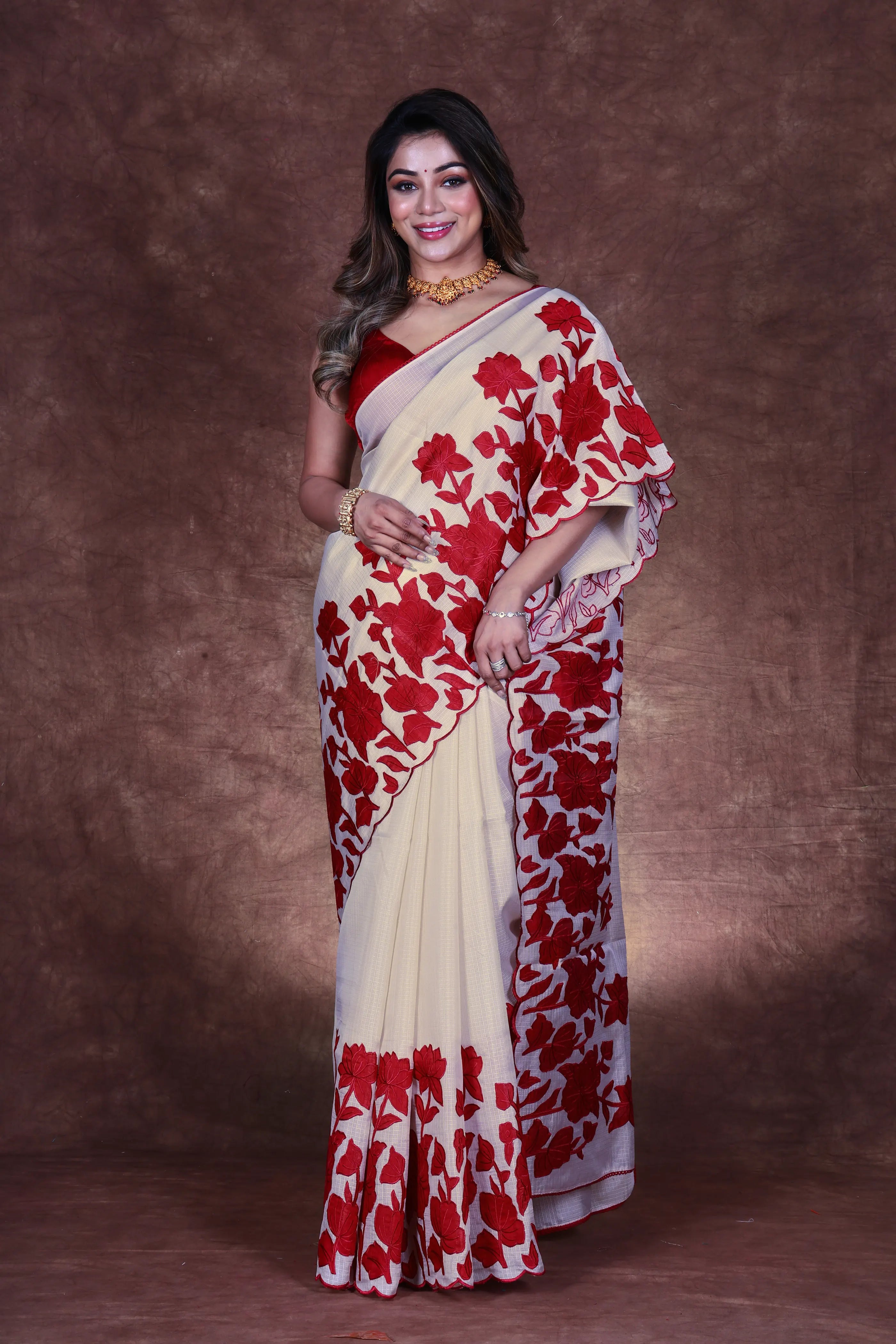 Light Beige Semi Kota Saree With Blouse Piece