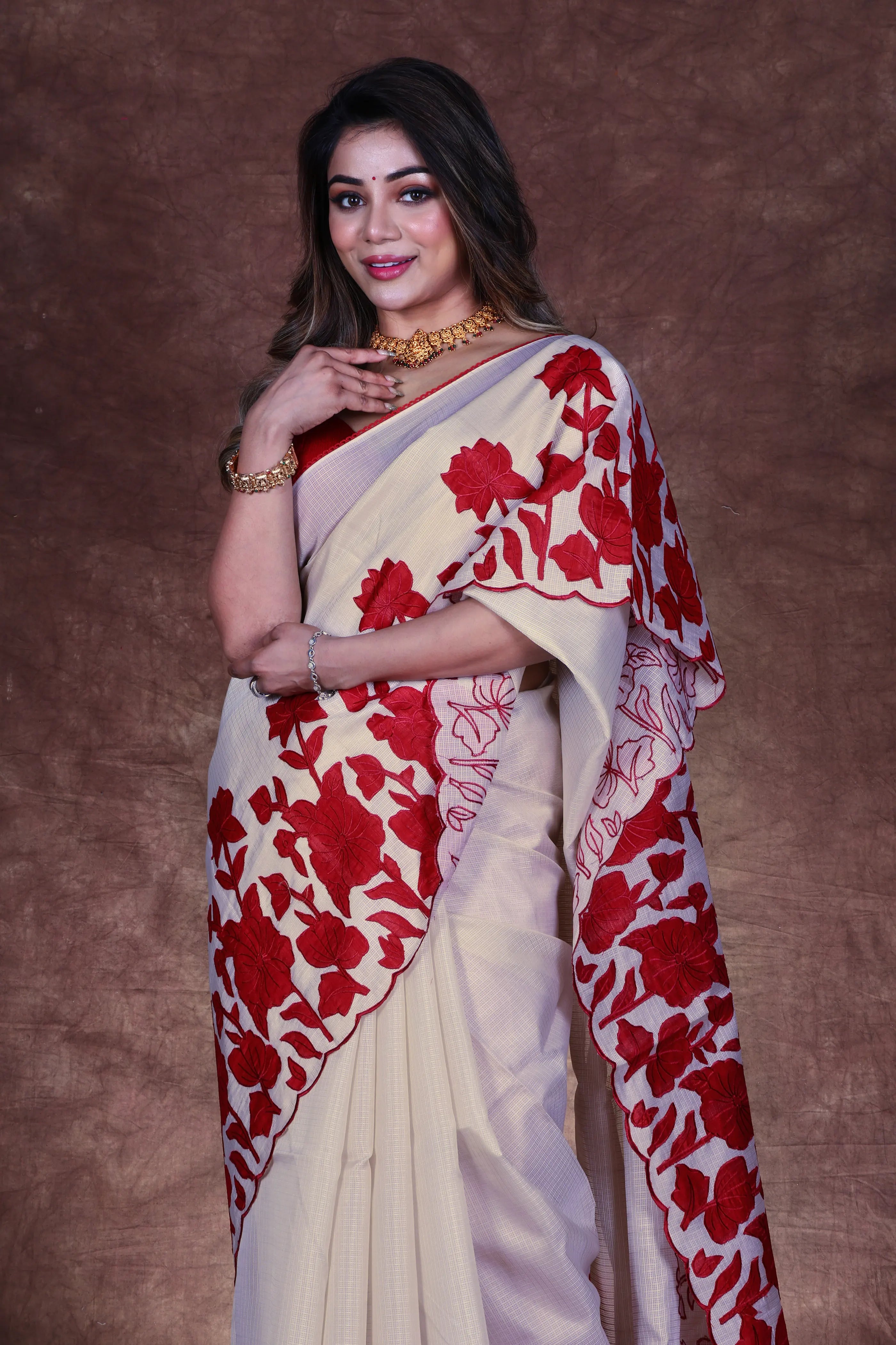 Light Beige Semi Kota Saree With Blouse Piece