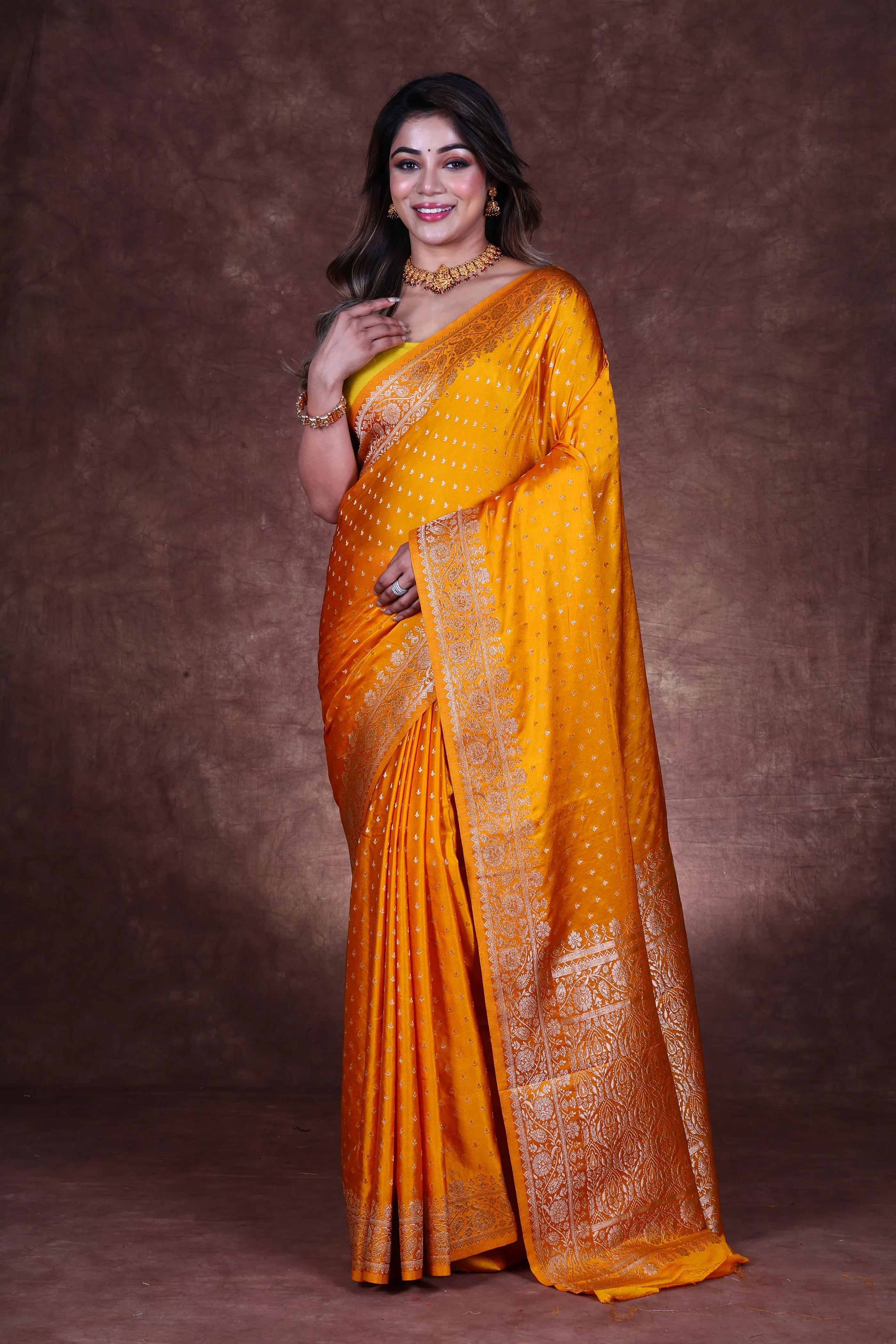 Mango Yellow Blended Crepe Banarasi Saree With Blouse Piece
