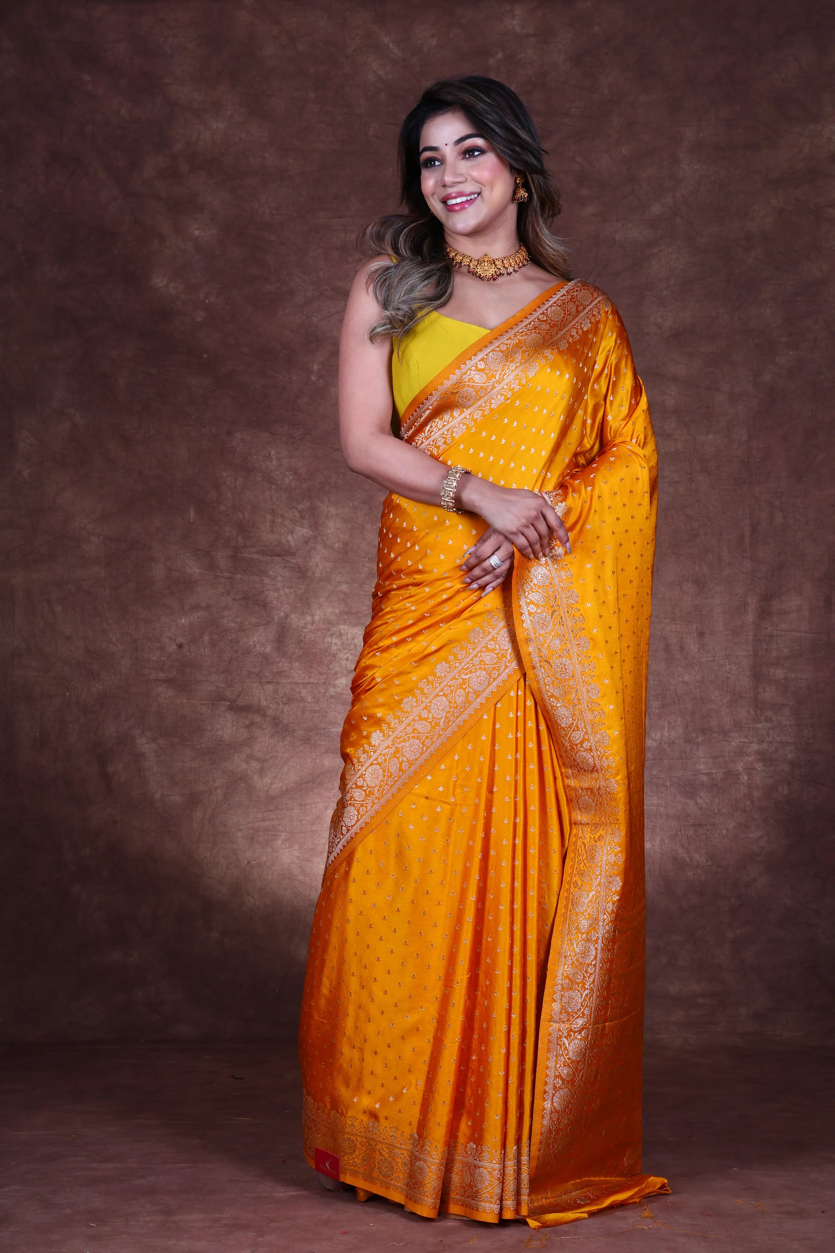 Mango Yellow Blended Crepe Banarasi Saree With Blouse Piece