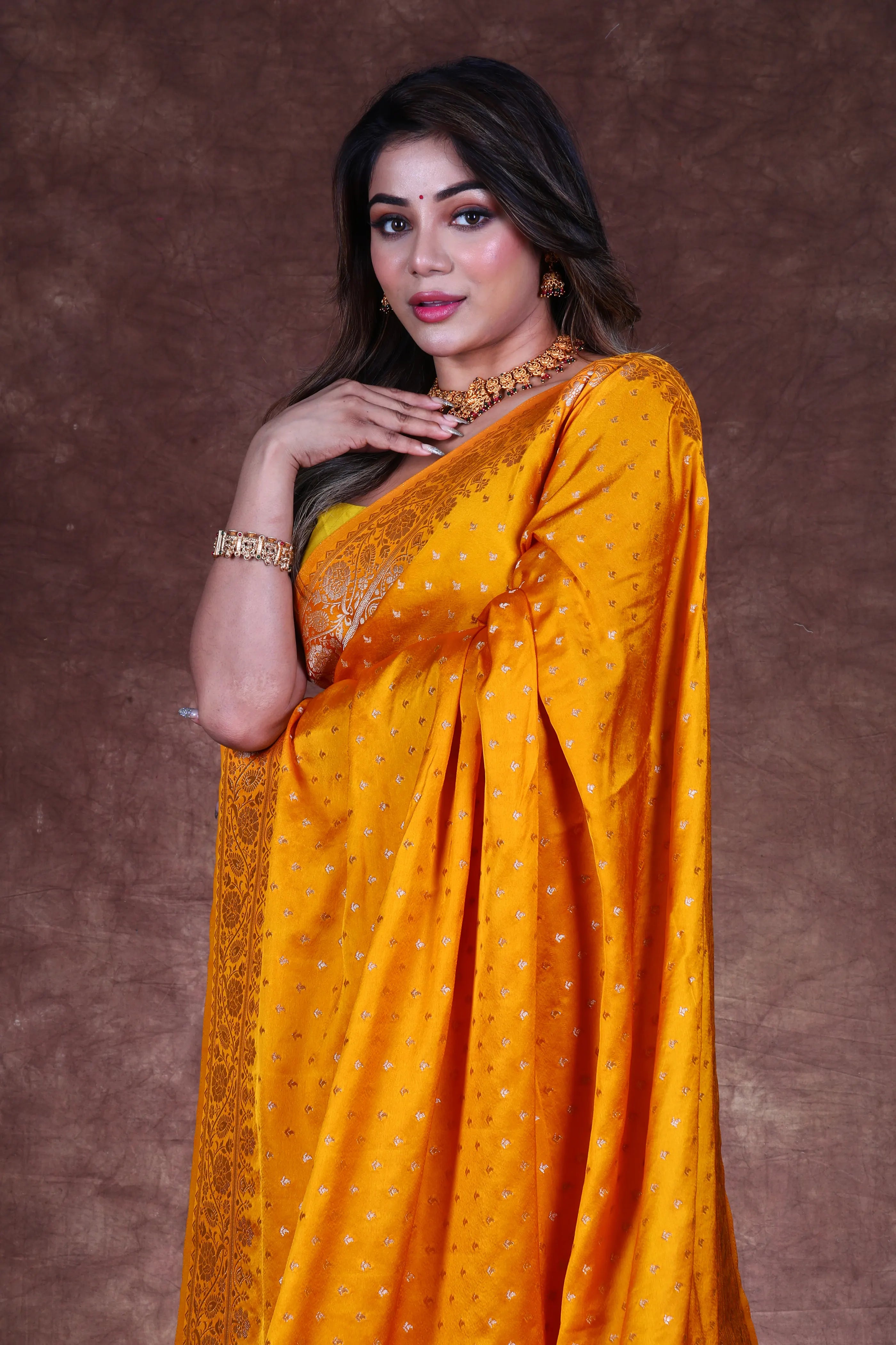 Mango Yellow Blended Crepe Banarasi Saree With Blouse Piece