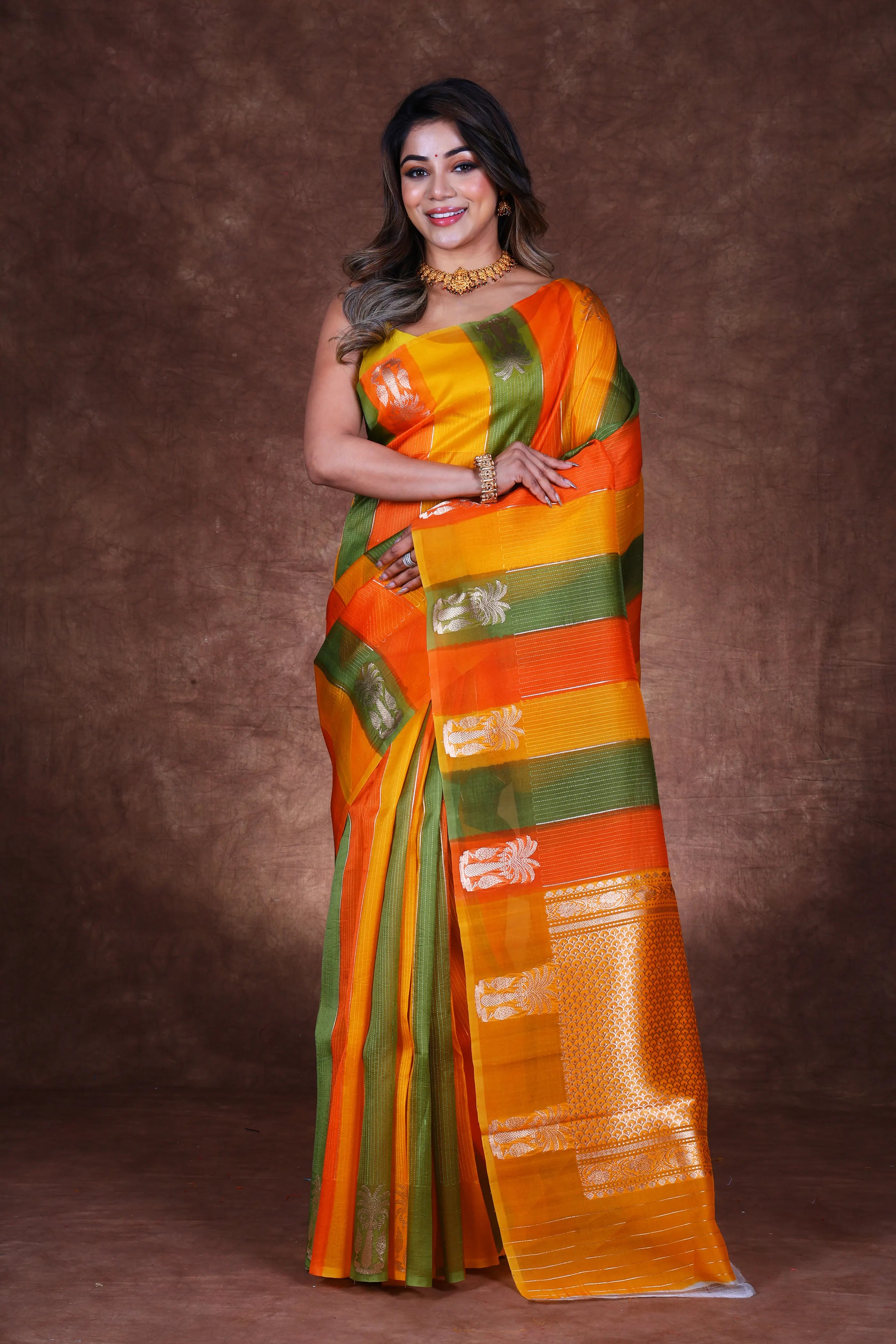 Multi Color Kora Banarasi Saree With Blouse Piece