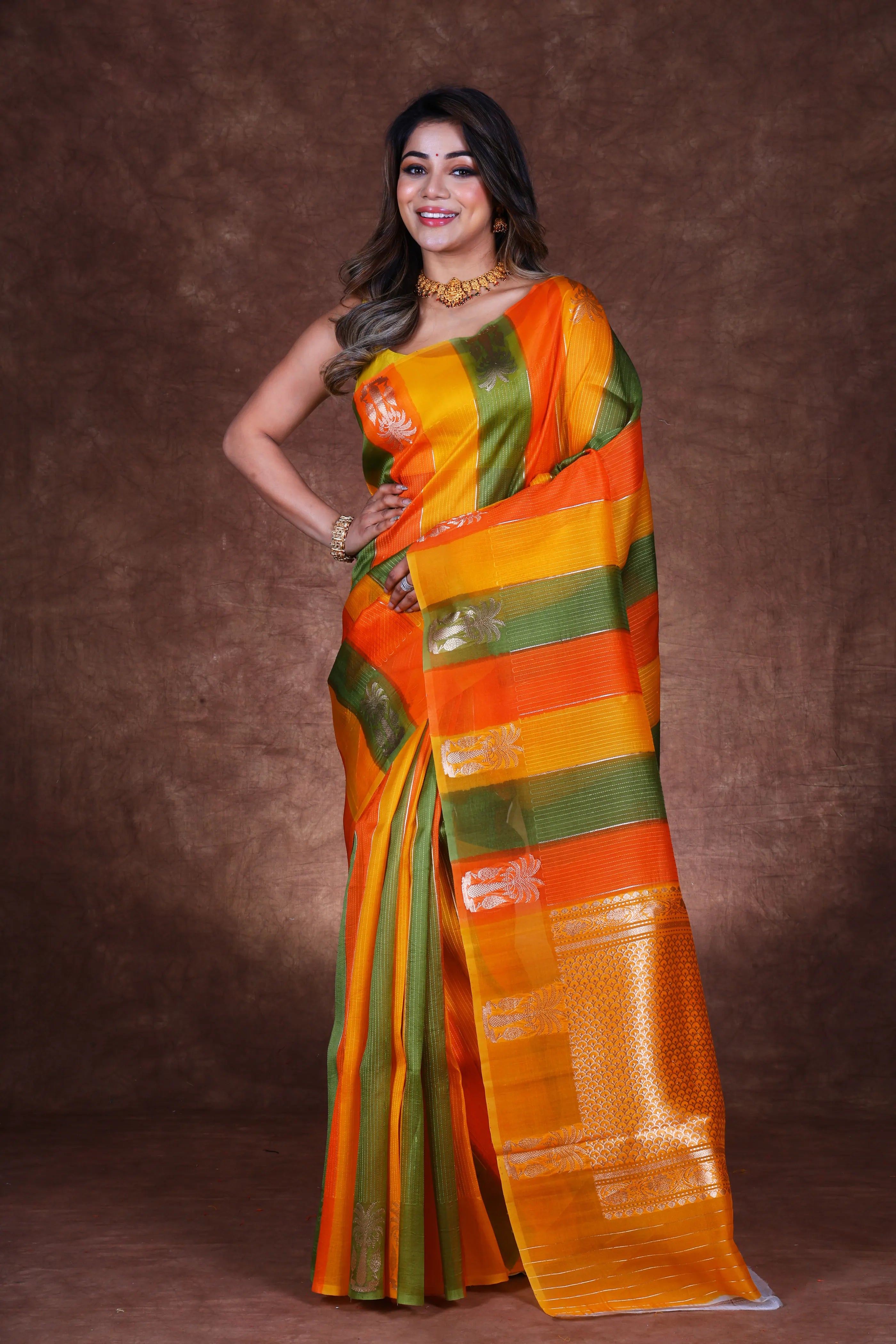 Multi Color Kora Banarasi Saree With Blouse Piece