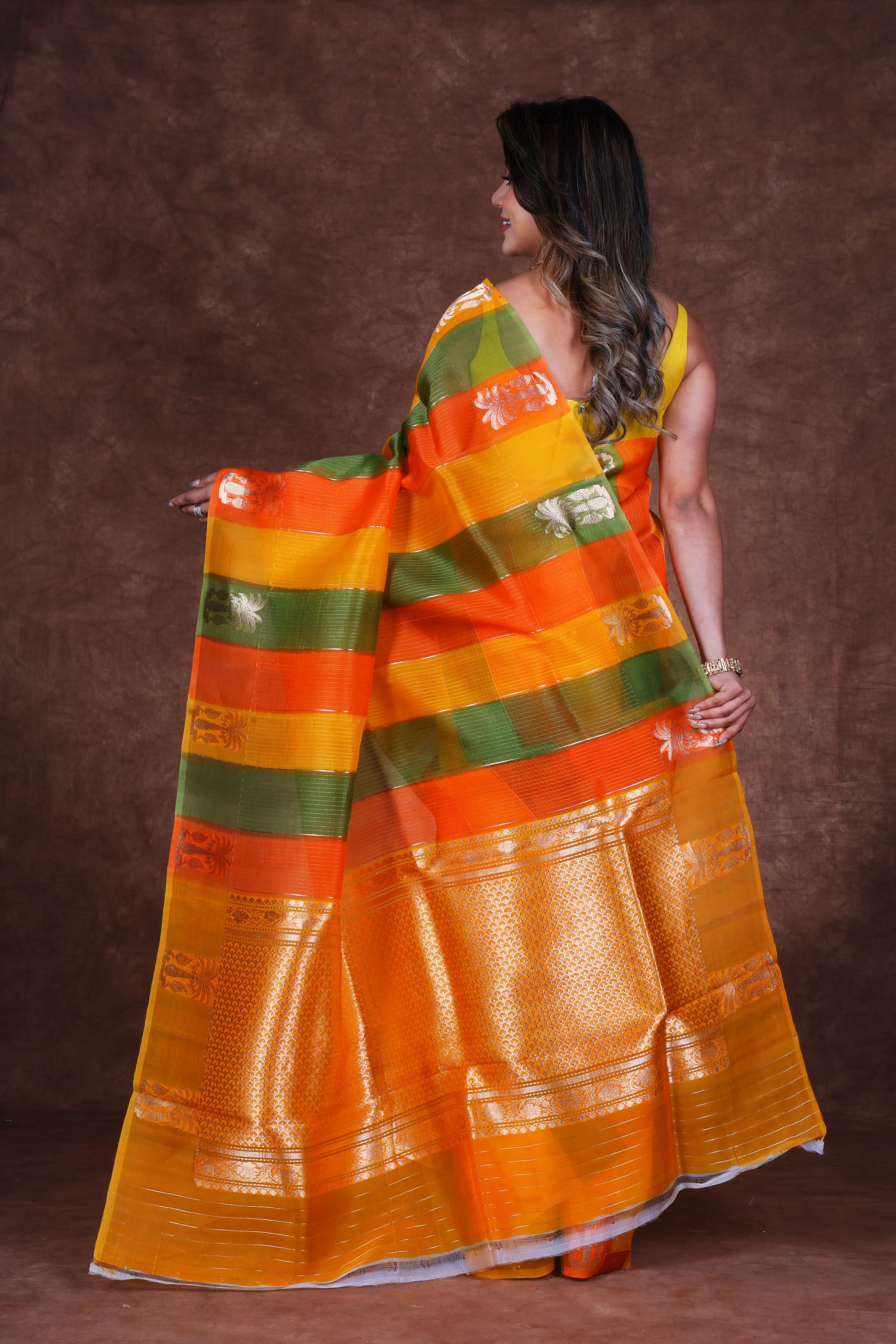 Multi Color Kora Banarasi Saree With Blouse Piece
