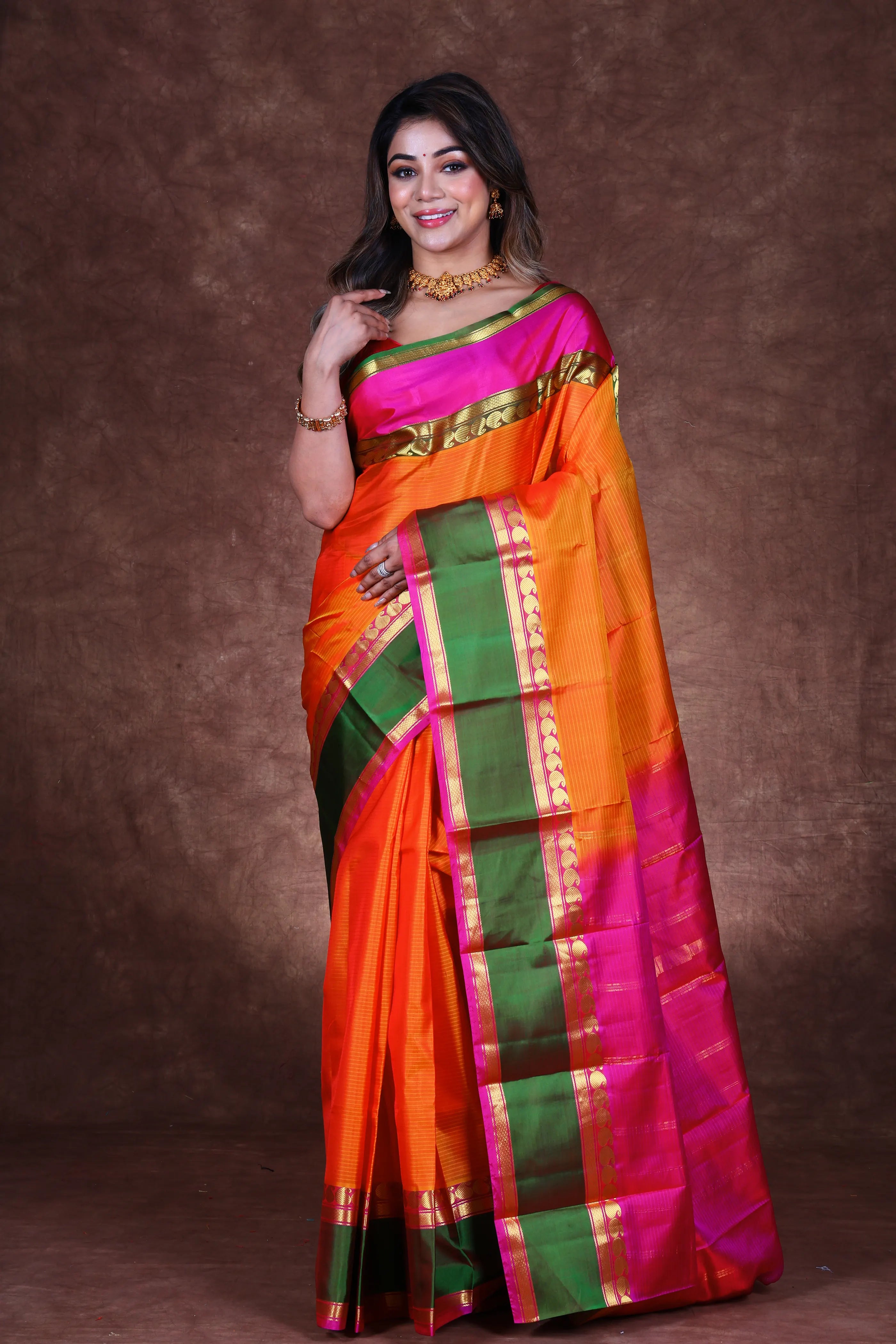 Orange Silk Kanjivaram Saree With Blouse Piece