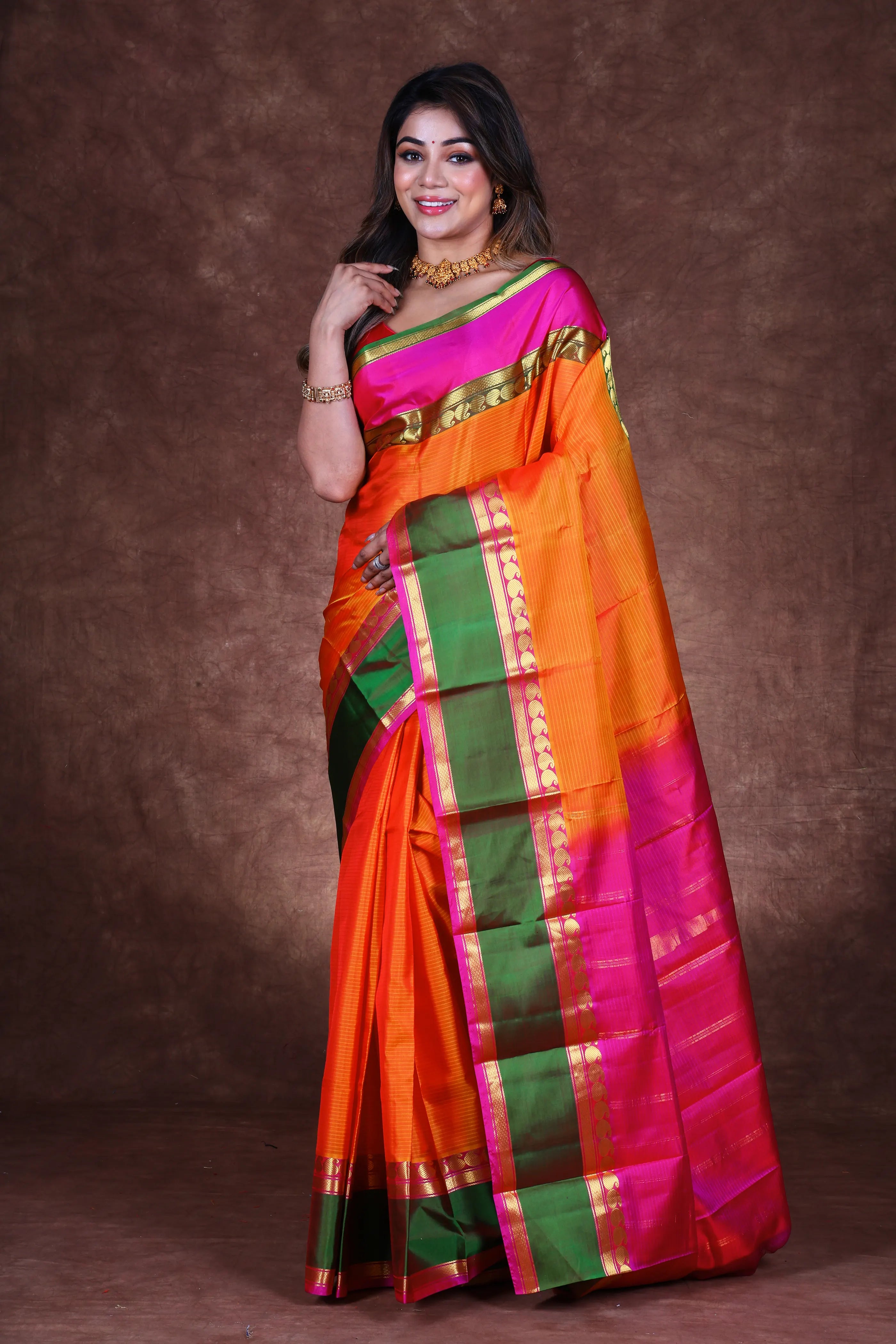 Orange Silk Kanjivaram Saree With Blouse Piece