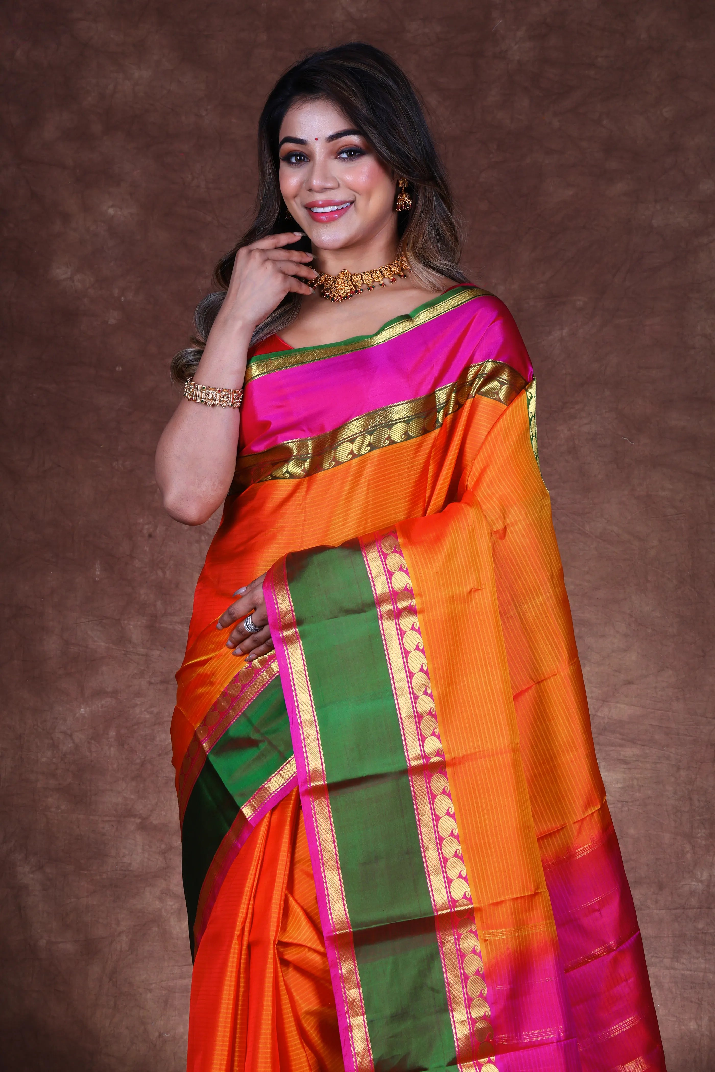 Orange Silk Kanjivaram Saree With Blouse Piece