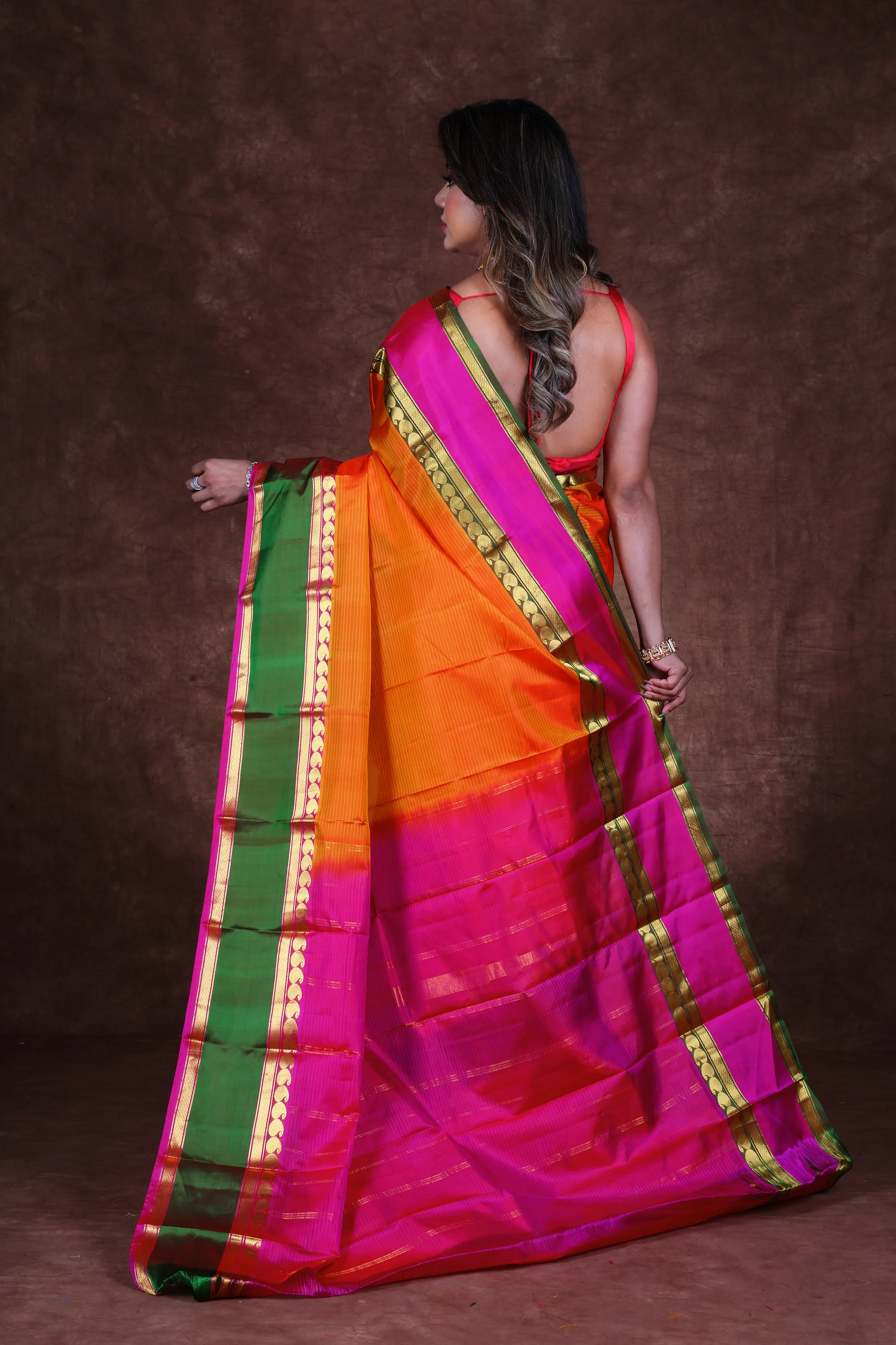 Orange Silk Kanjivaram Saree With Blouse Piece