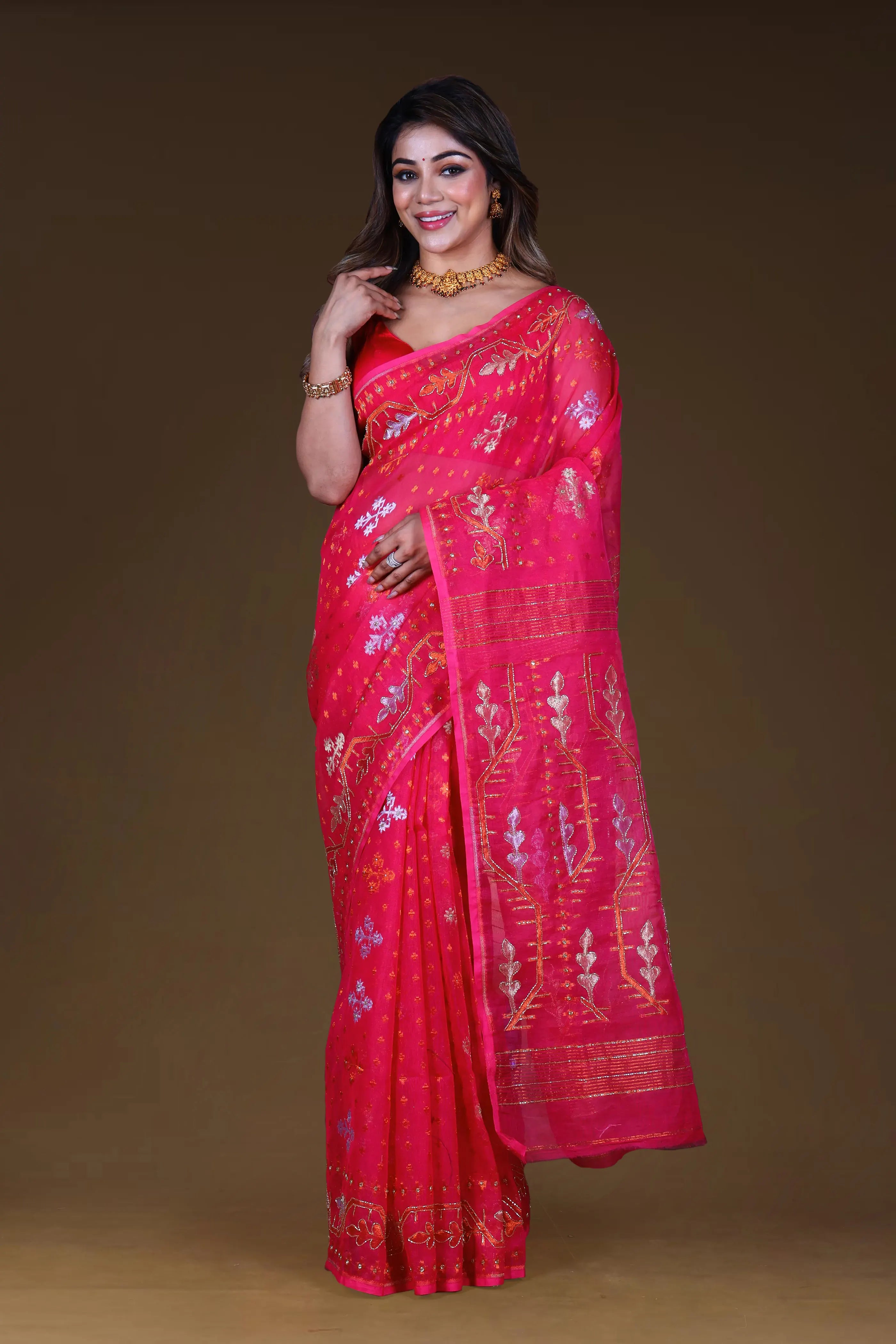 Pink Bengal Muslin Jamdani Saree With Blouse Piece
