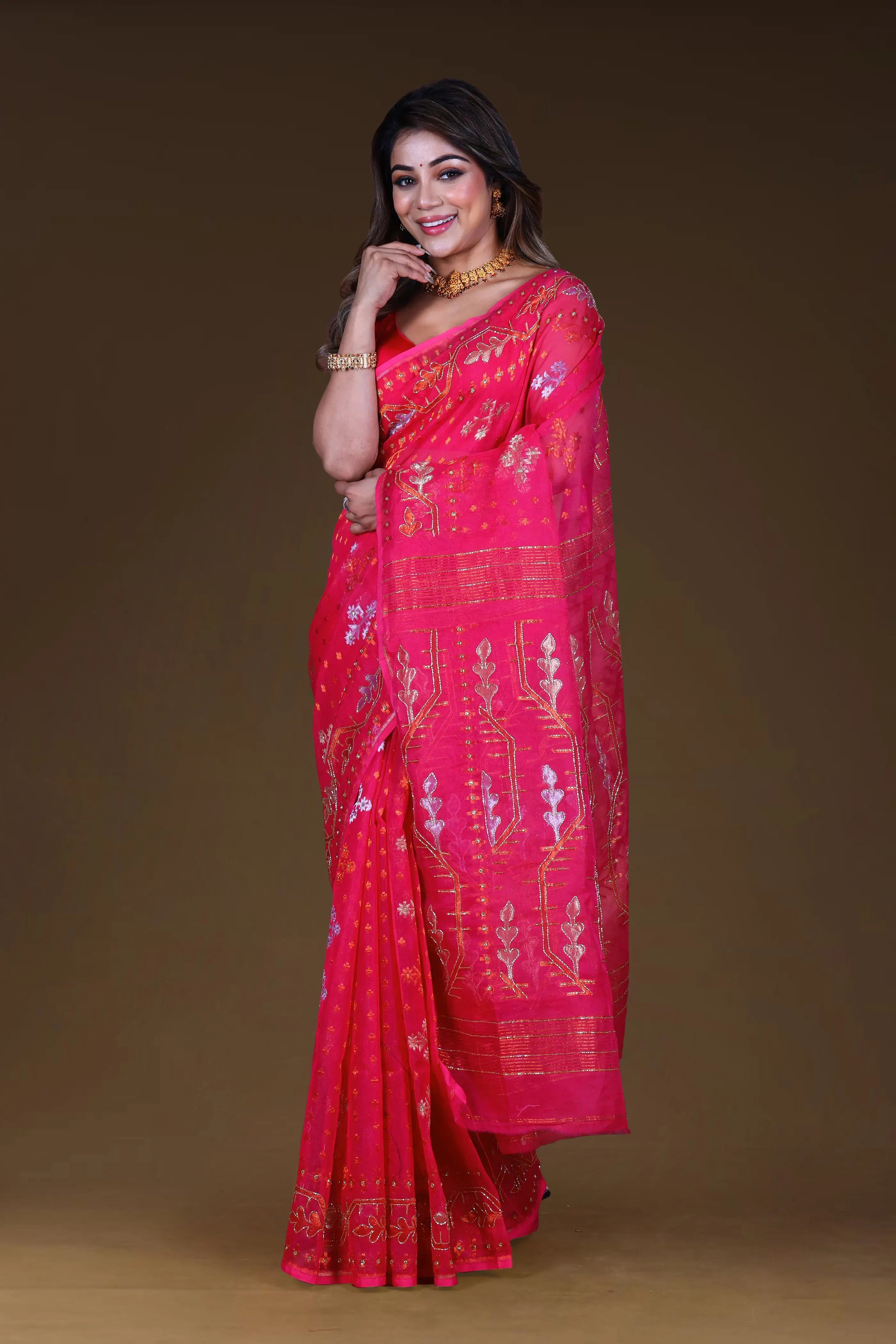 Pink Bengal Muslin Jamdani Saree With Blouse Piece
