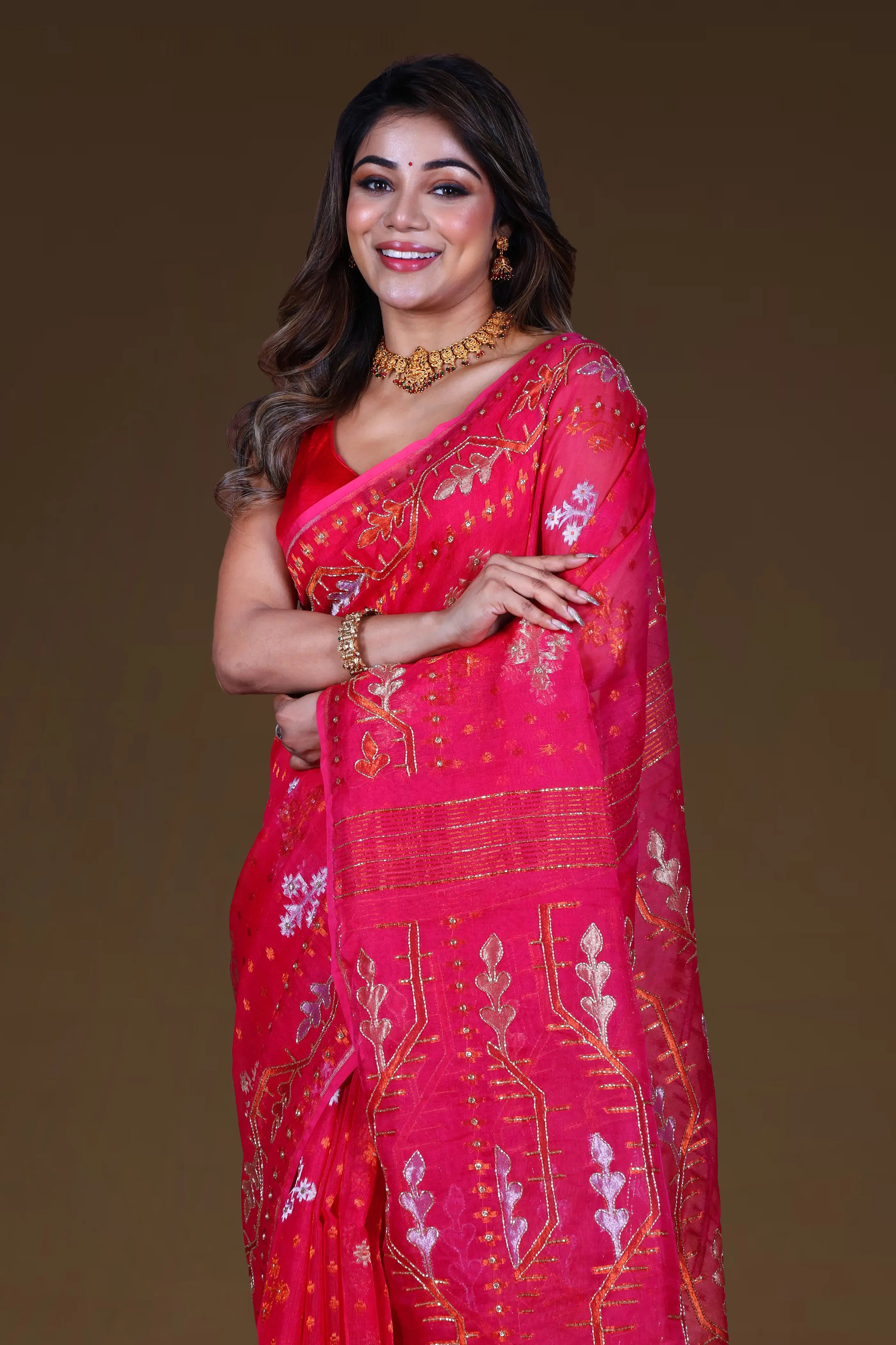 Pink Bengal Muslin Jamdani Saree With Blouse Piece