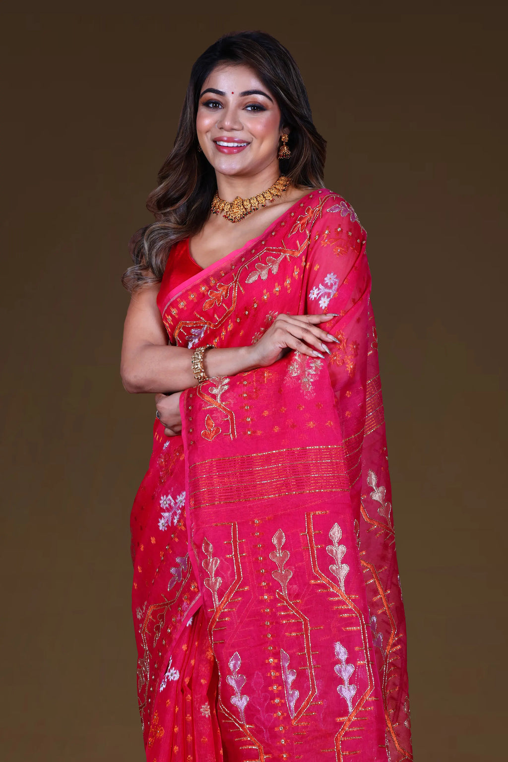 Pink Bengal Muslin Jamdani Saree With Blouse Piece