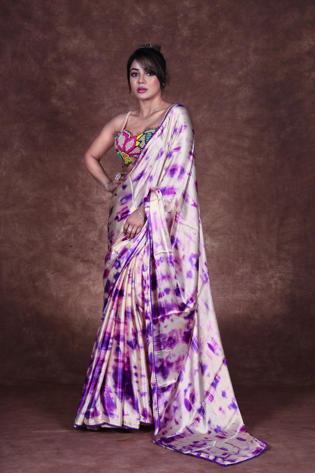 Purple Base Crepe Satin Saree With Blouse Piece