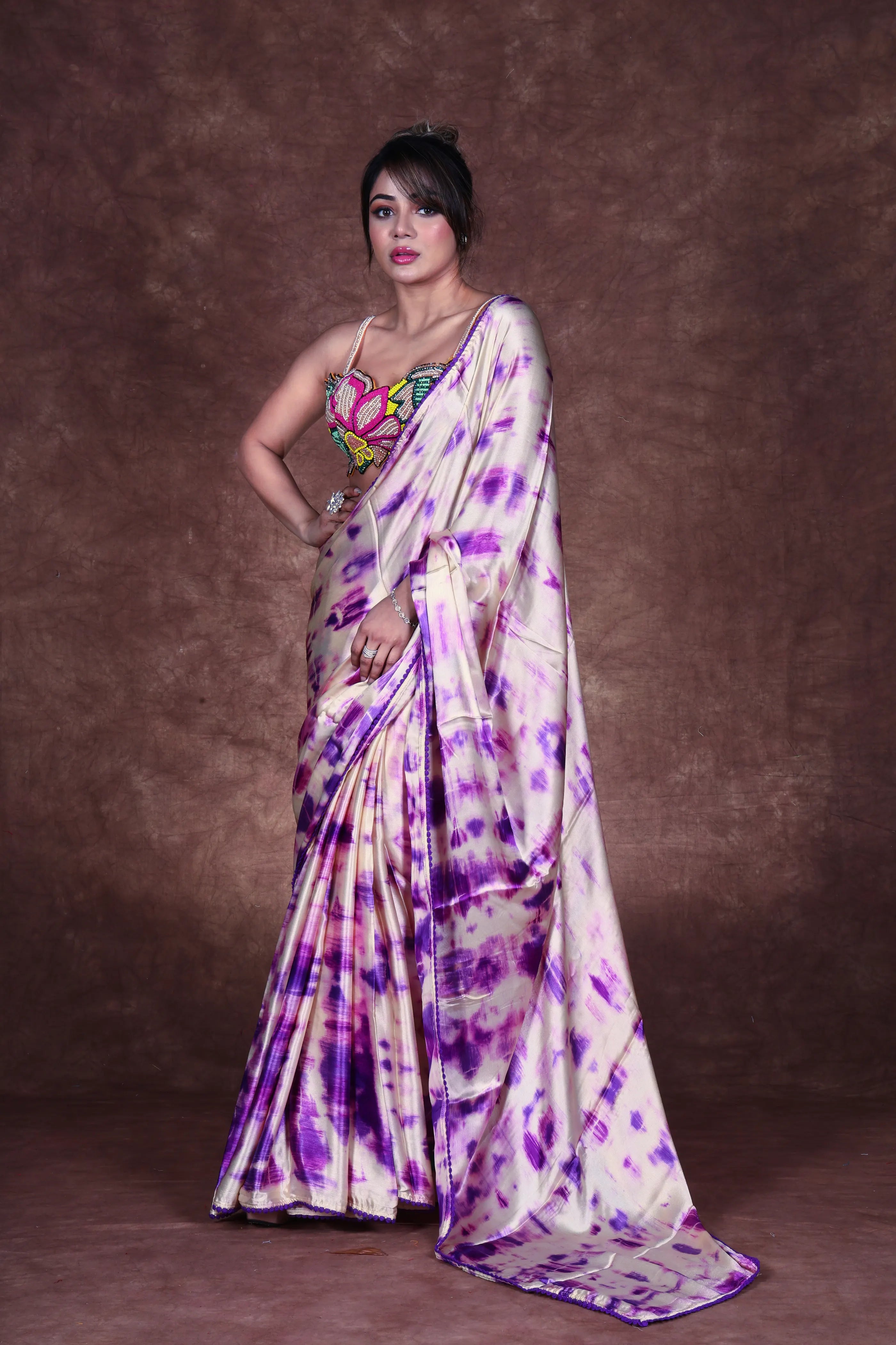 Purple Base Crepe Satin Saree With Blouse Piece
