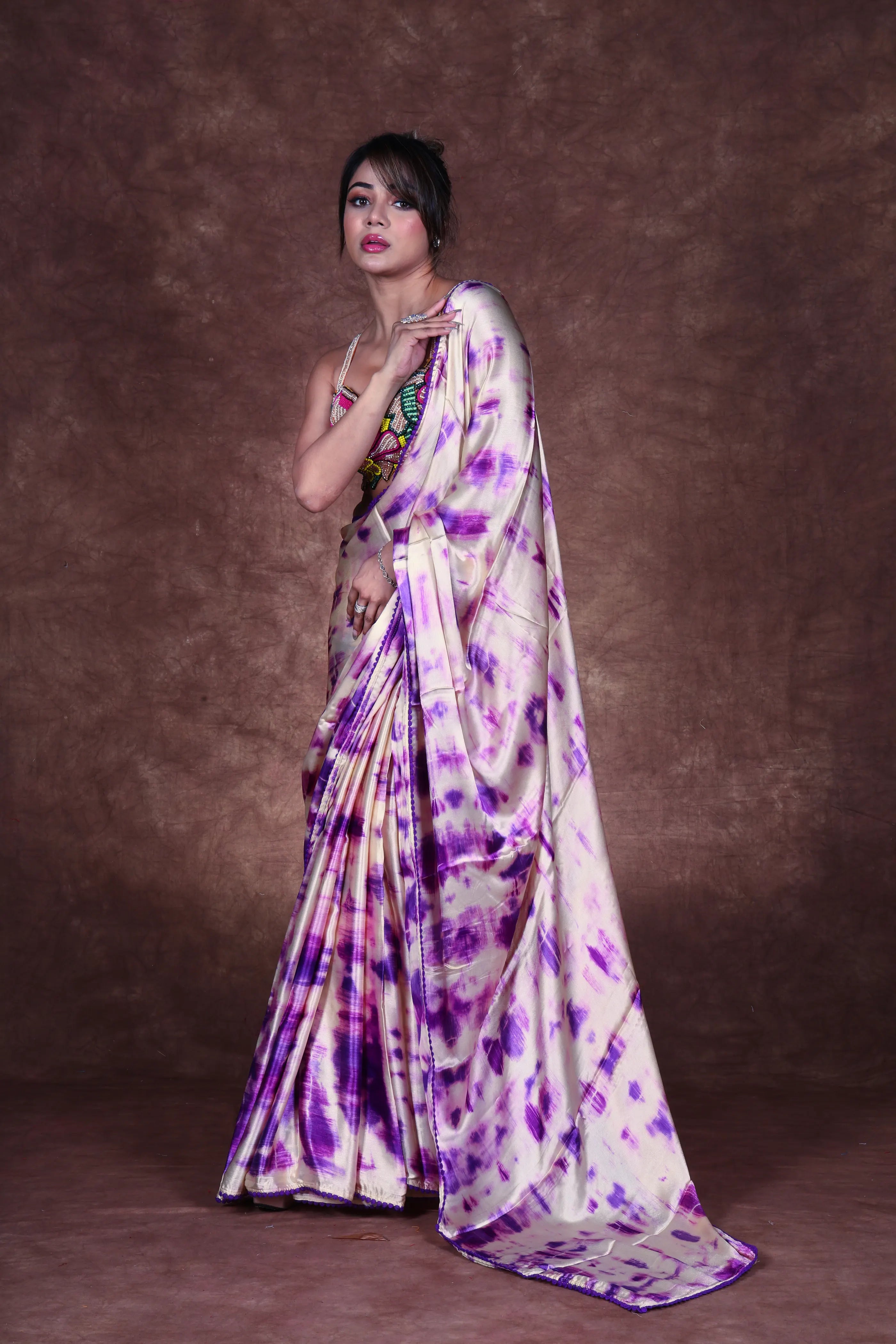 Purple Base Crepe Satin Saree With Blouse Piece