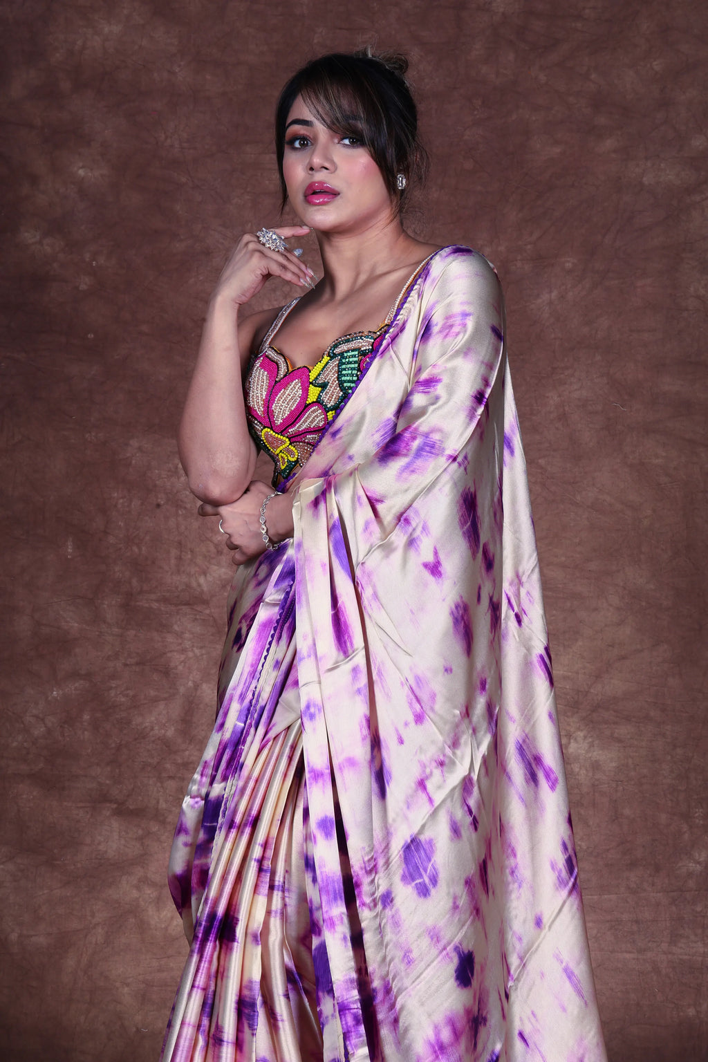 Purple Base Crepe Satin Saree With Blouse Piece
