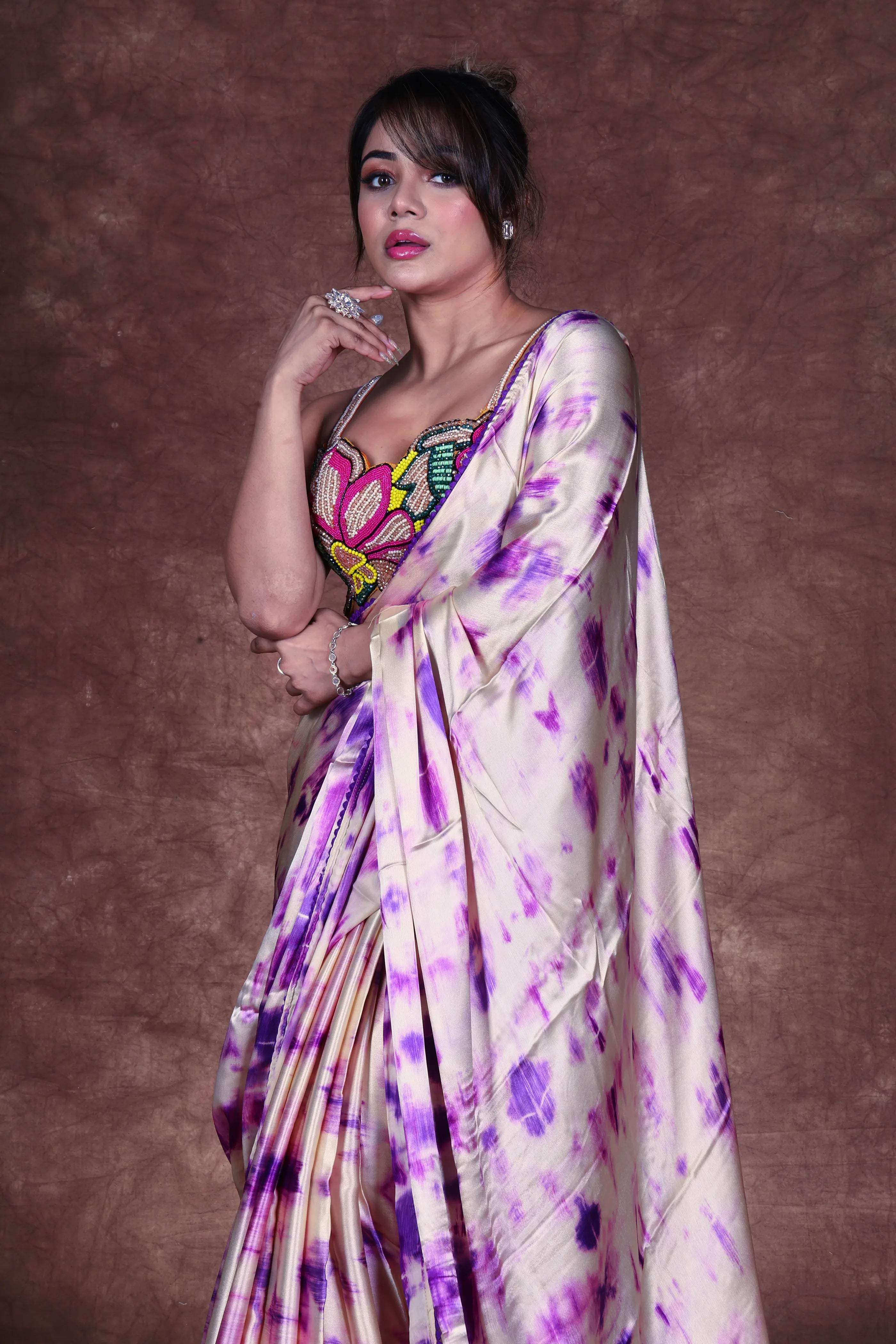 Purple Base Crepe Satin Saree With Blouse Piece