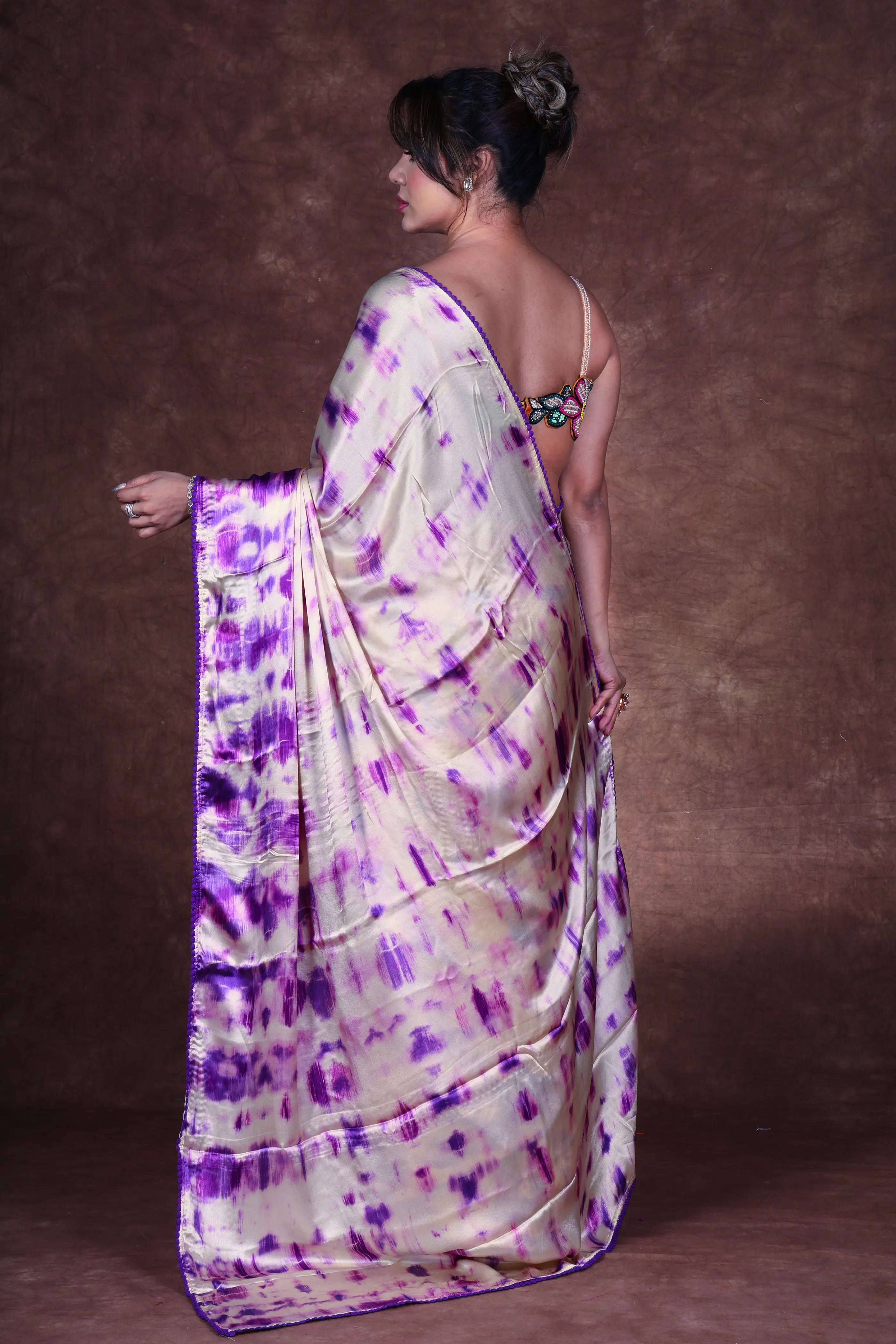 Purple Base Crepe Satin Saree With Blouse Piece