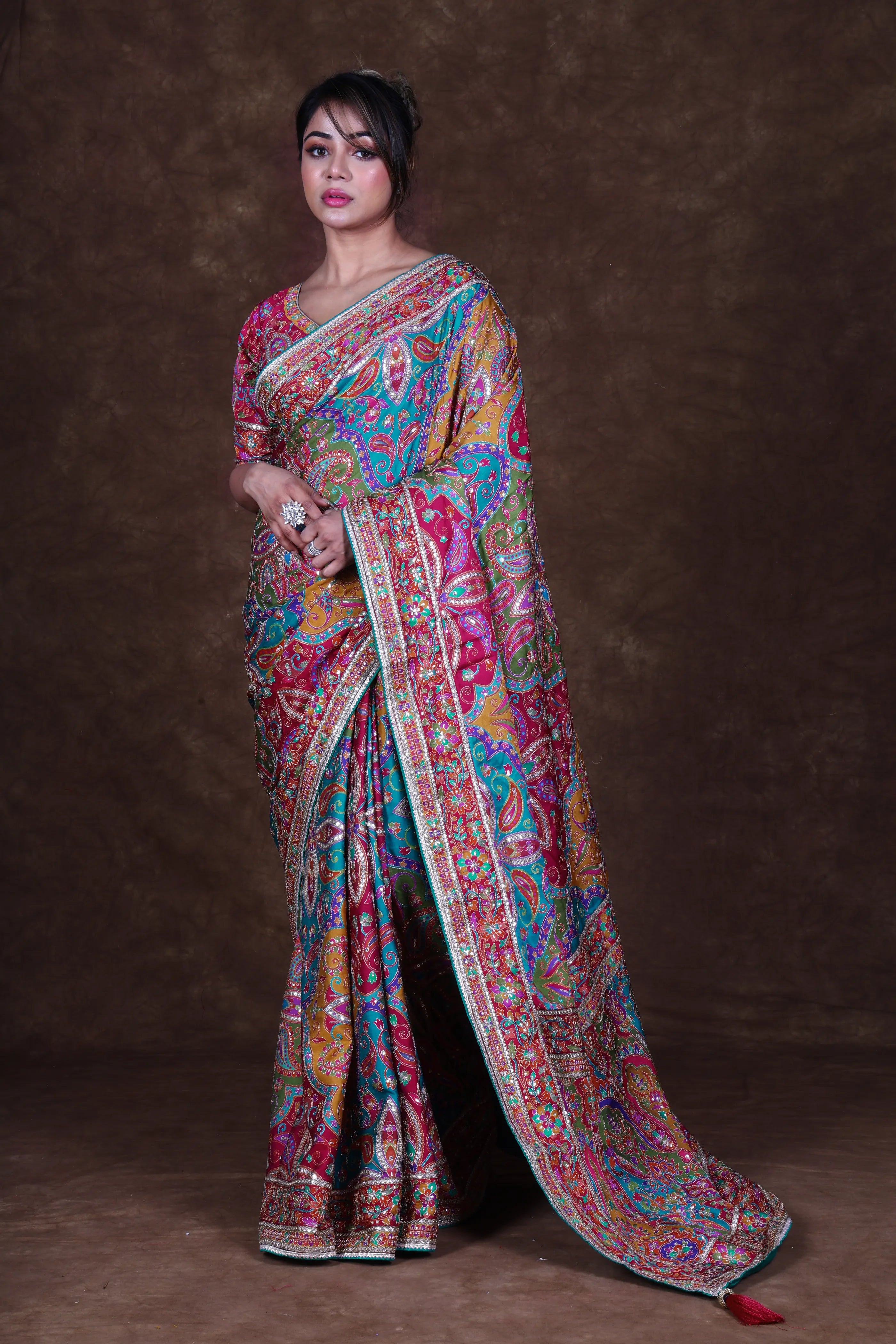 MultiColor Crepe Satin Saree With Blouse Piece