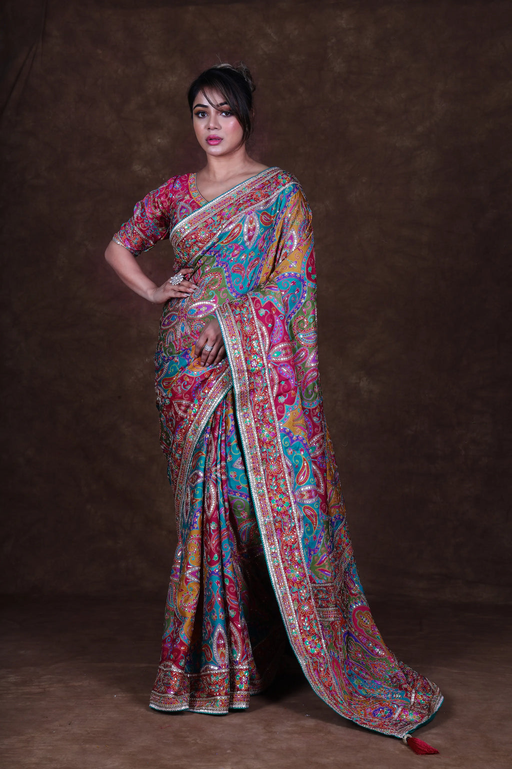 MultiColor Crepe Satin Saree With Blouse Piece