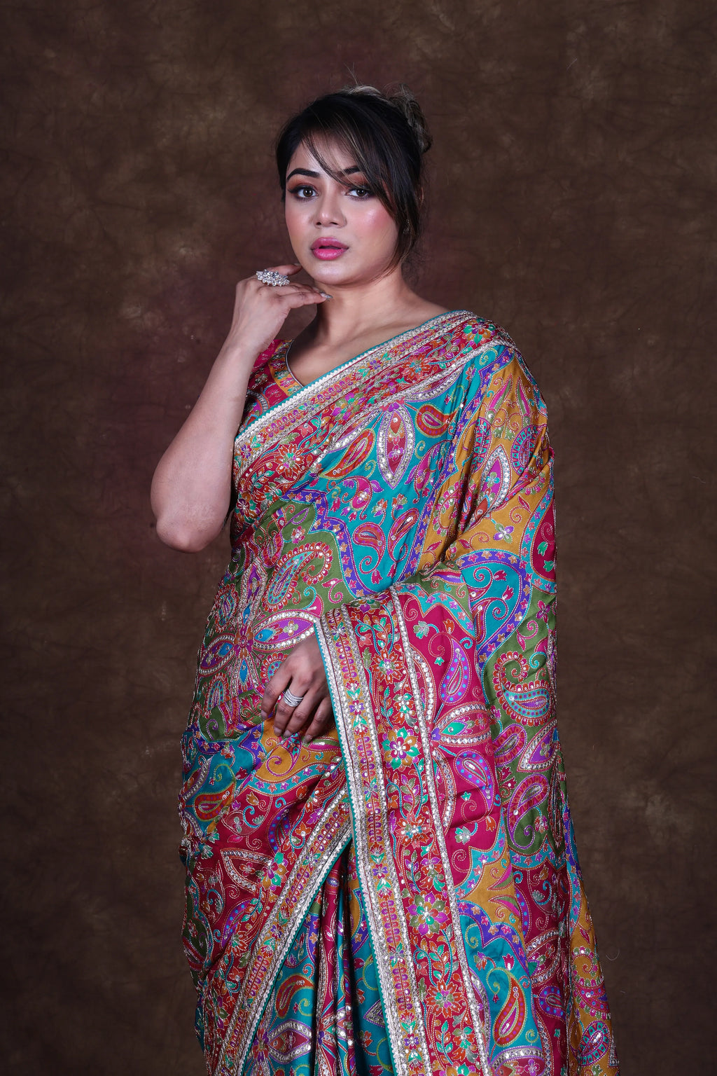 MultiColor Crepe Satin Saree With Blouse Piece