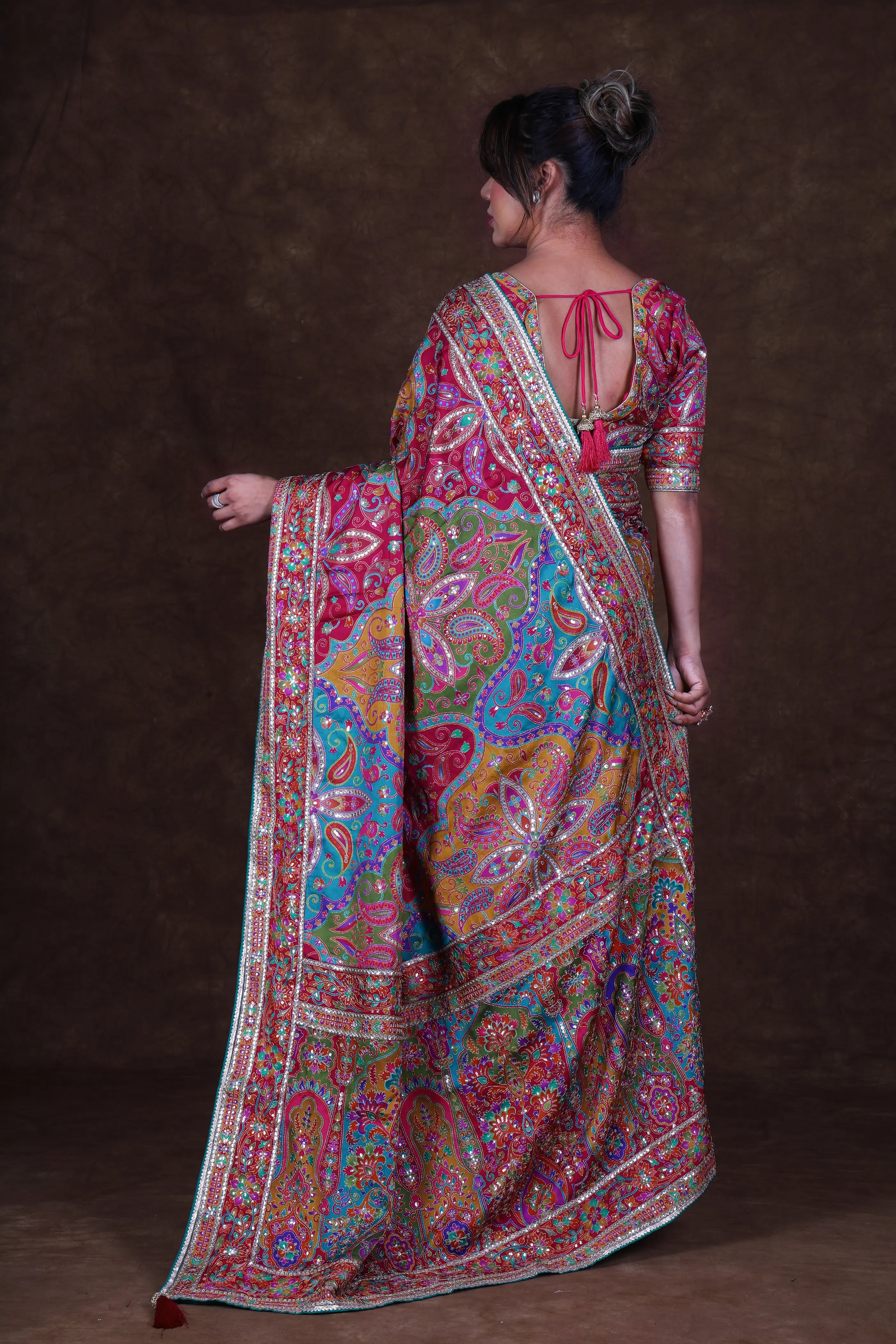 MultiColor Crepe Satin Saree With Blouse Piece