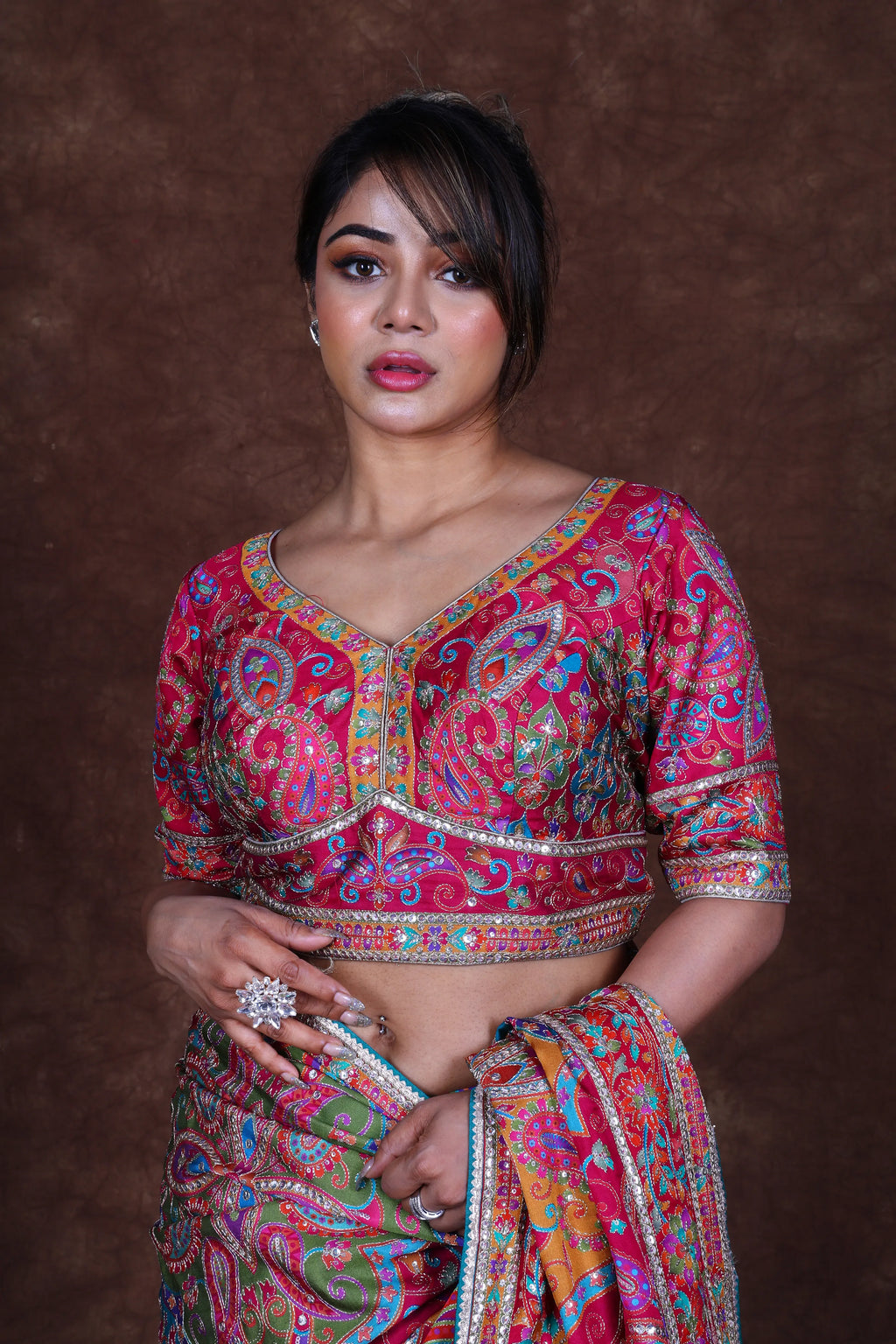 MultiColor Crepe Satin Saree With Blouse Piece