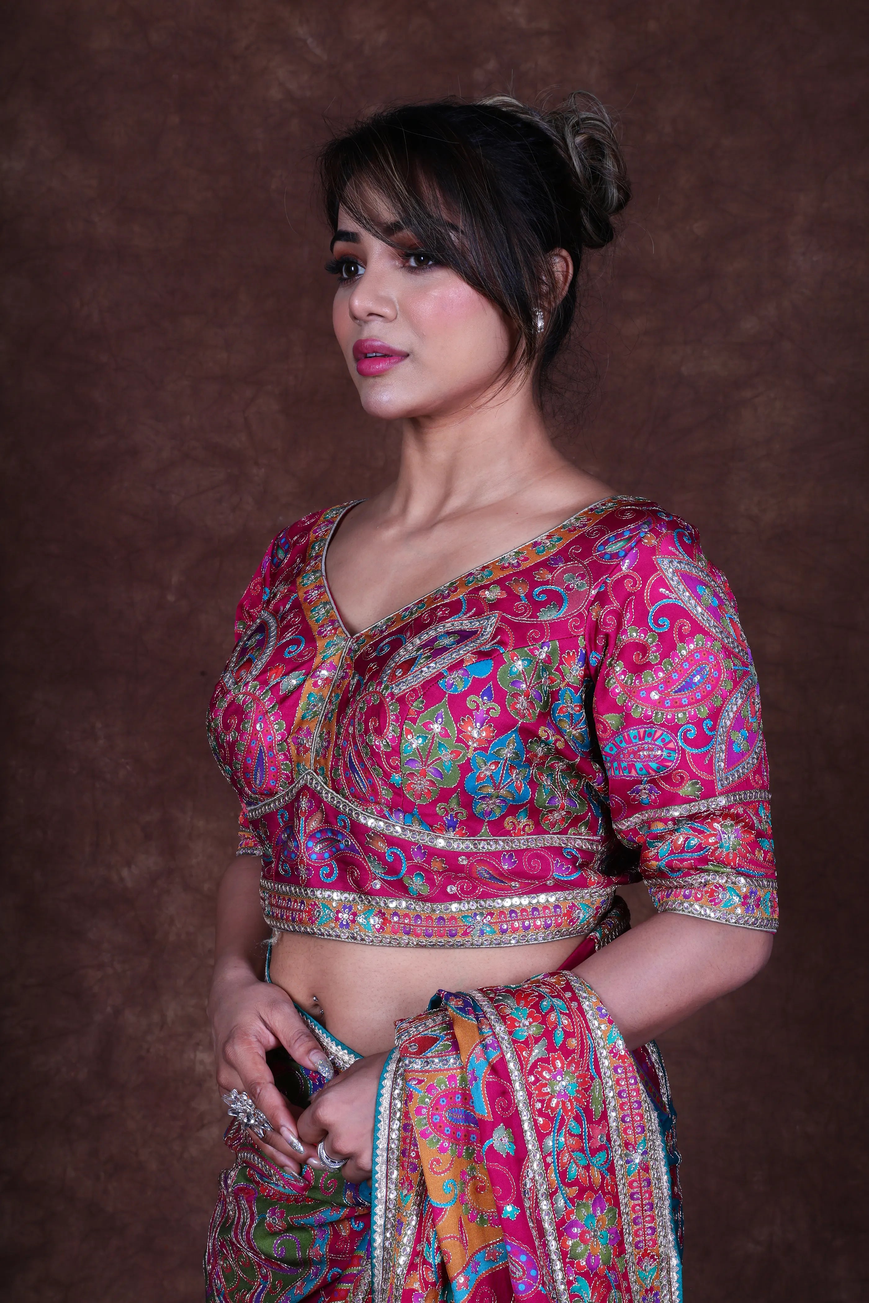 MultiColor Crepe Satin Saree With Blouse Piece