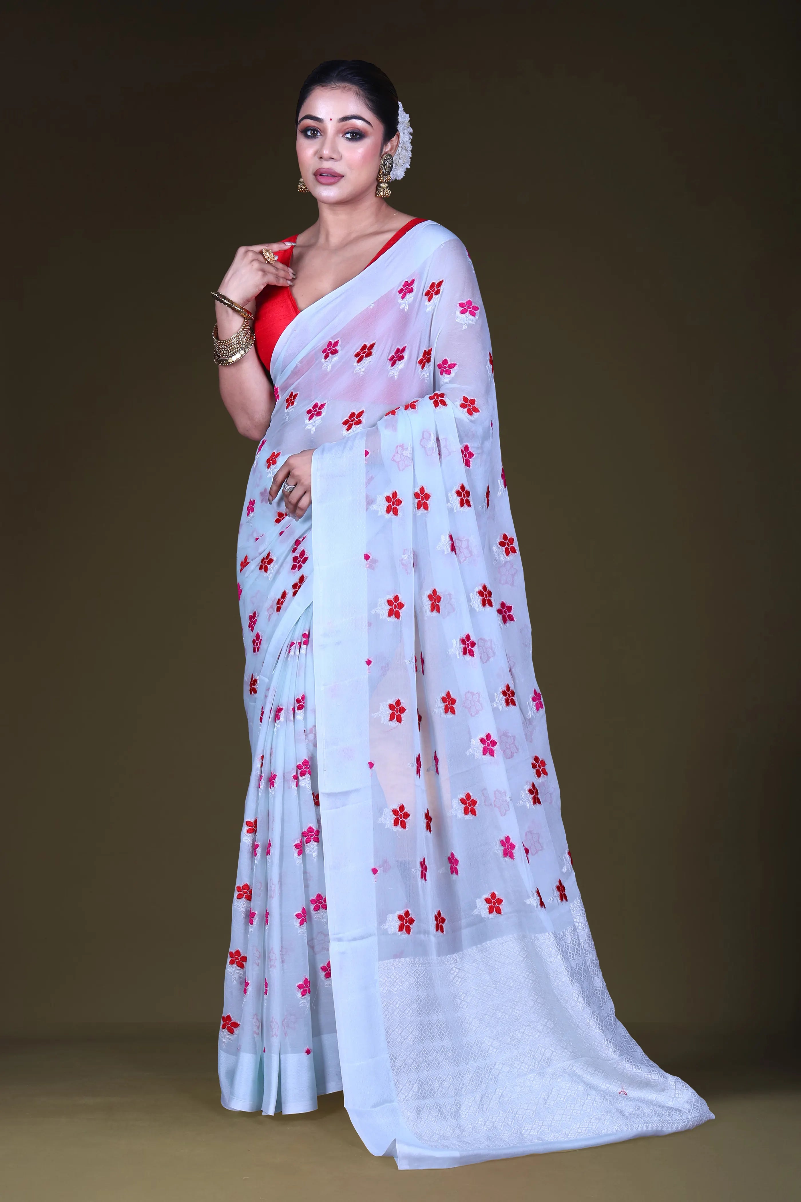 Light Sky Chiffon Banarasi Saree With Blouse Piece
