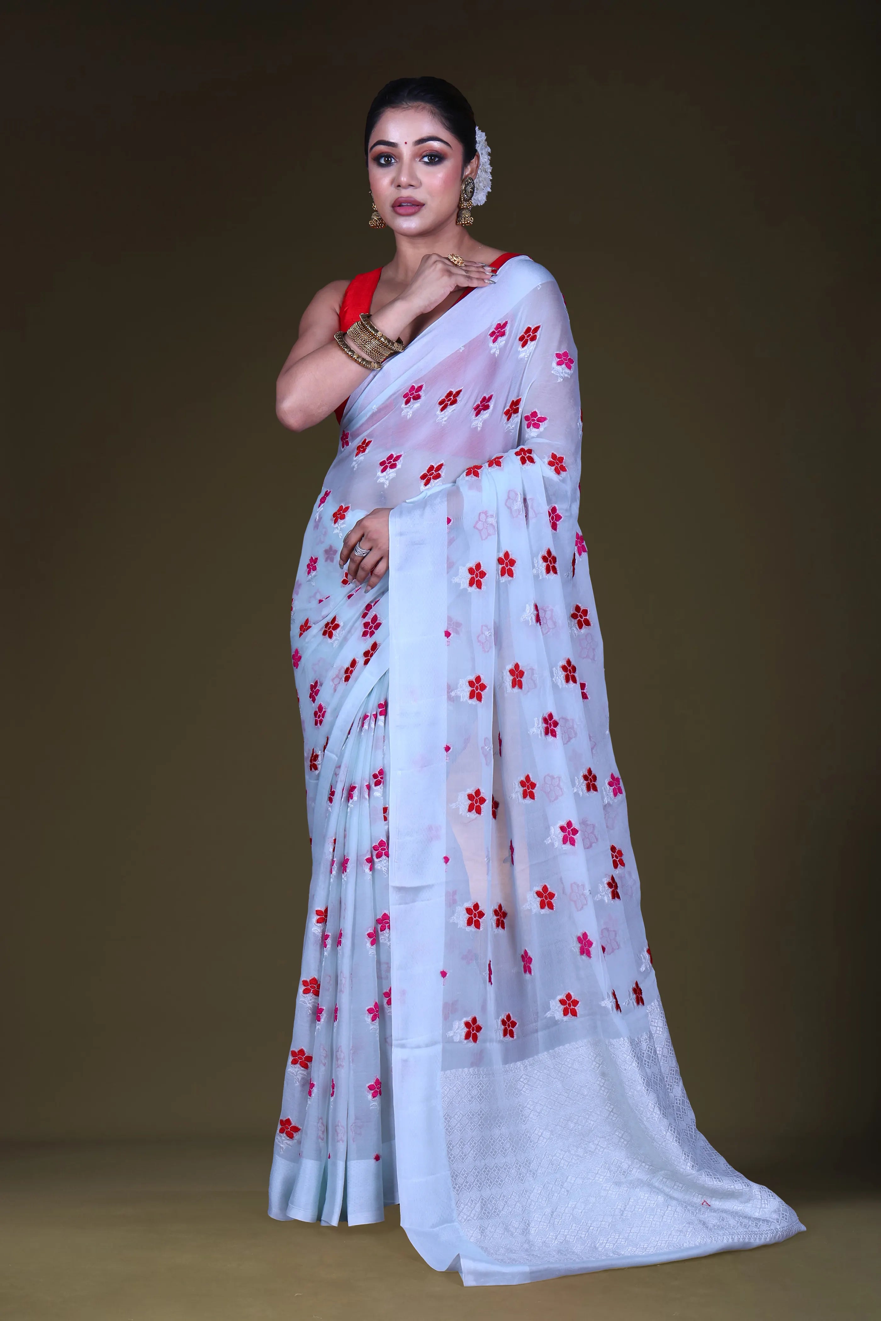 Light Sky Chiffon Banarasi Saree With Blouse Piece