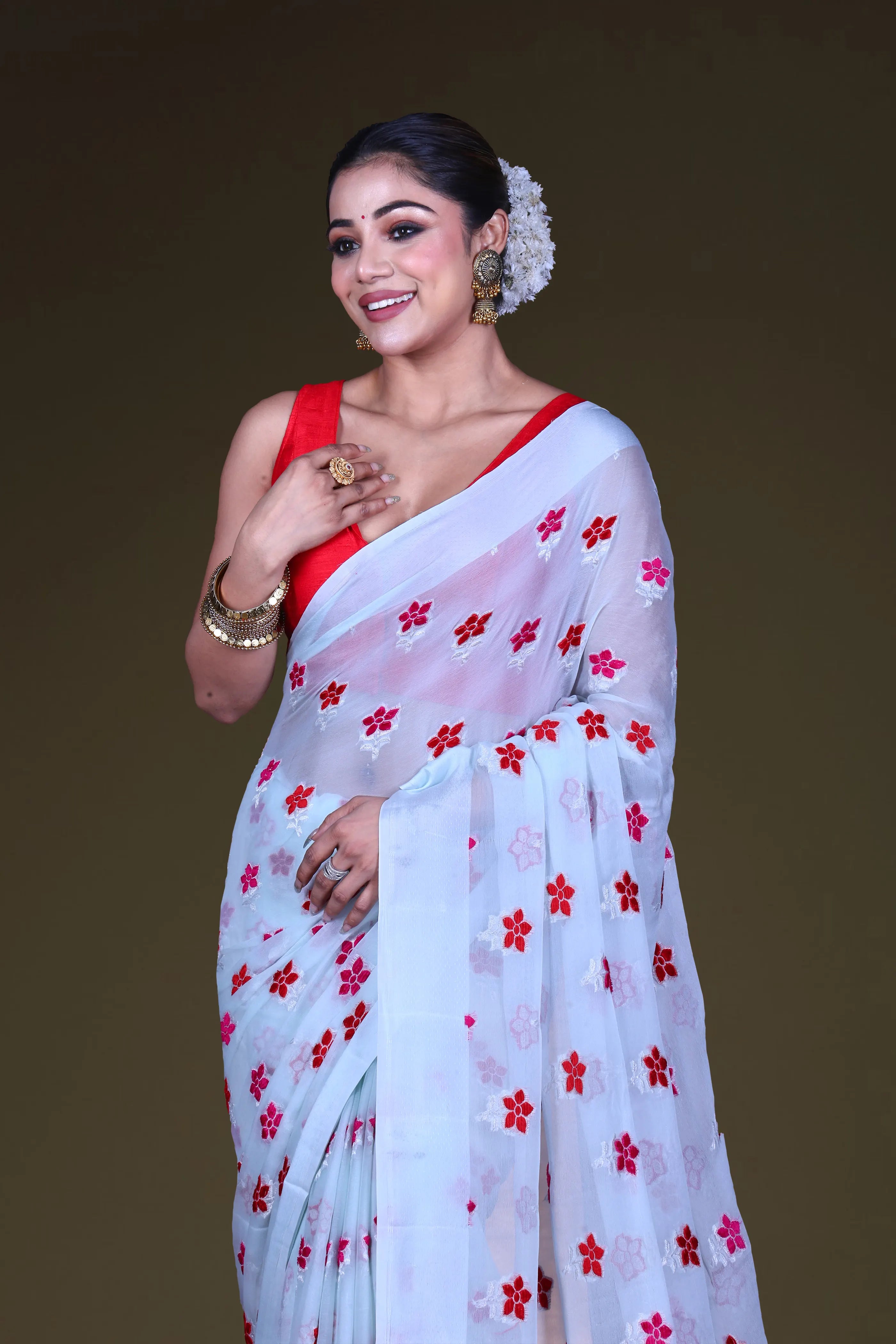 Light Sky Chiffon Banarasi Saree With Blouse Piece