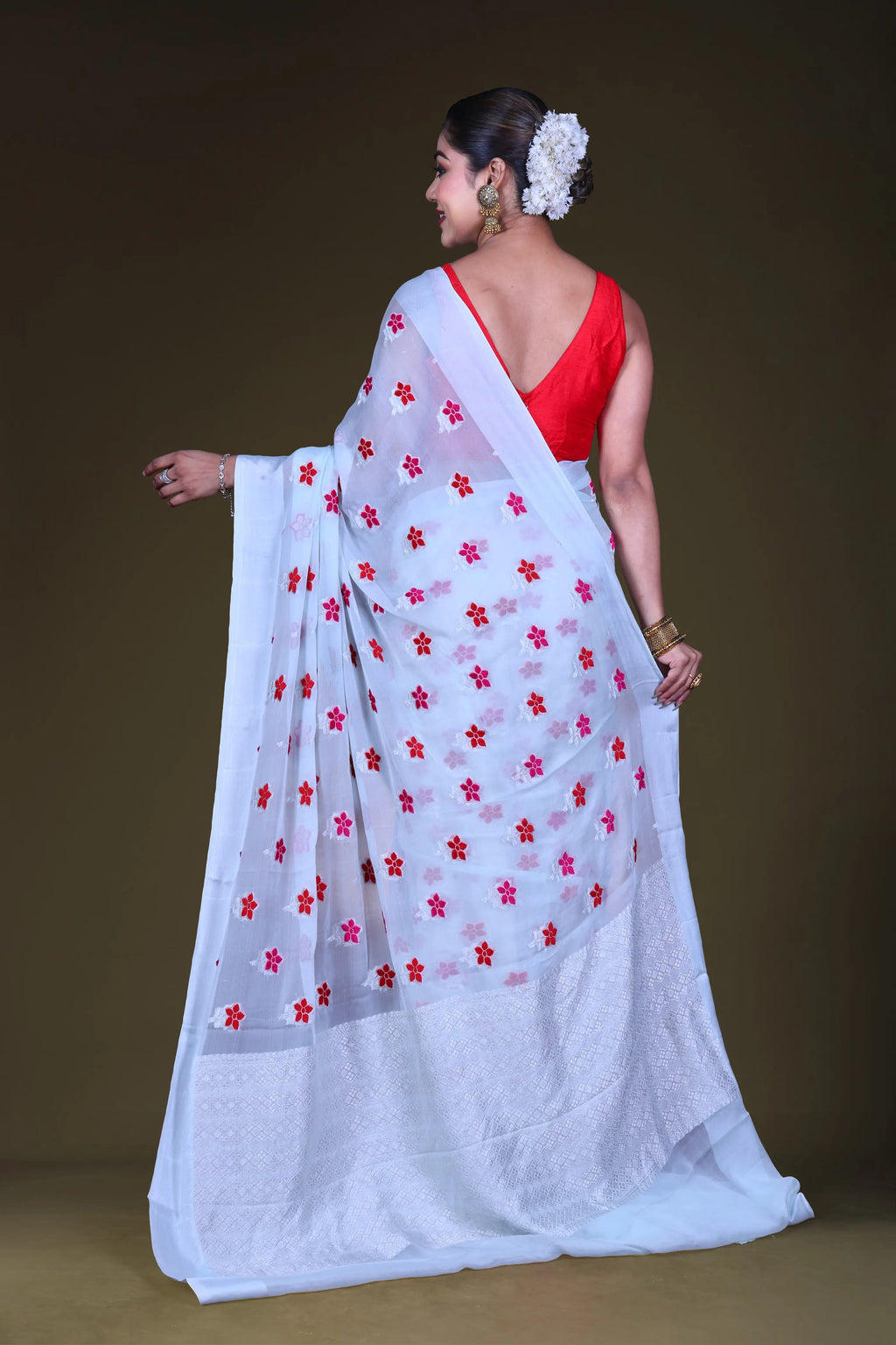 Light Sky Chiffon Banarasi Saree With Blouse Piece