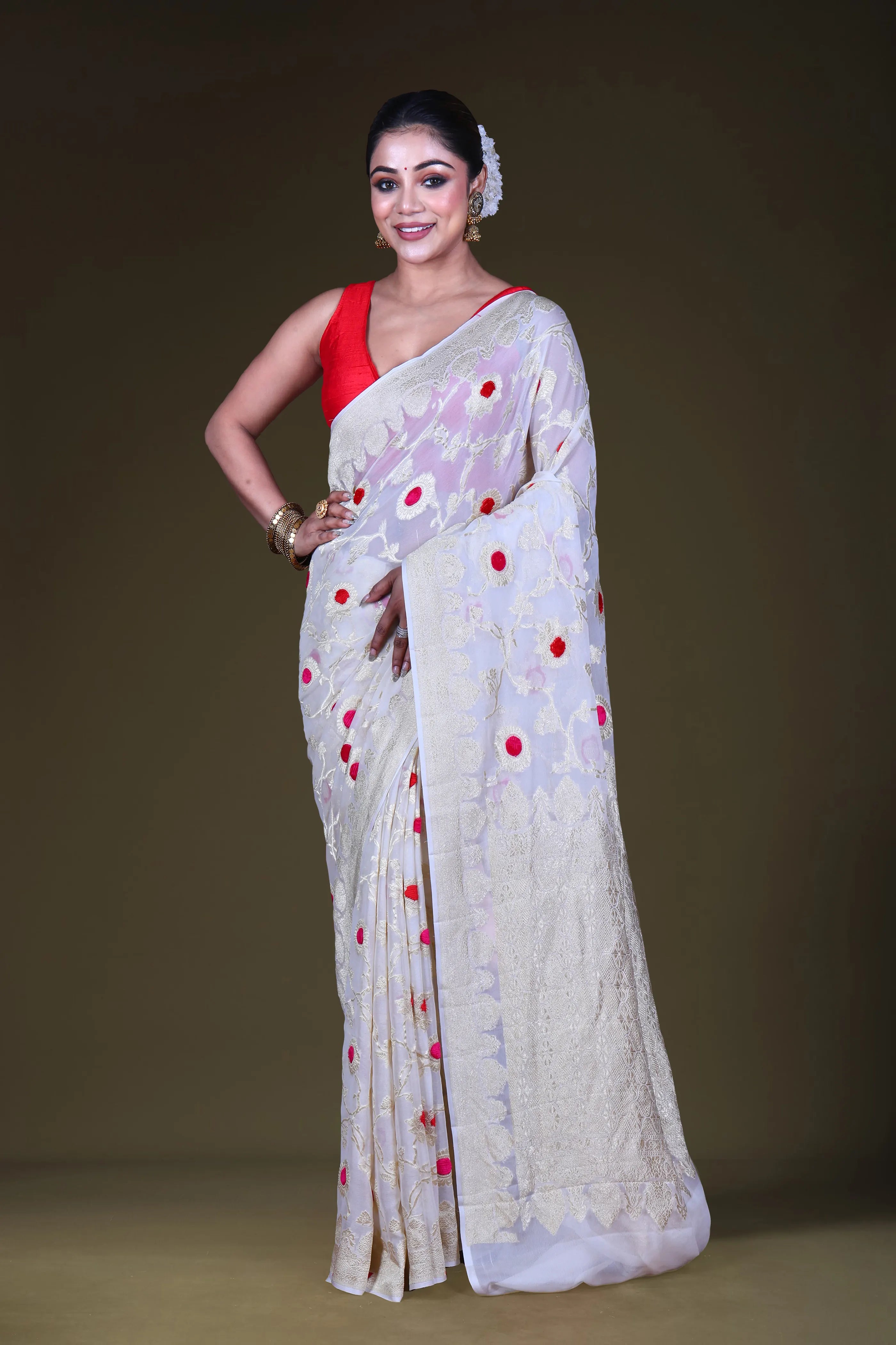 Cream Georgette Banarasi Saree With Blouse Piece