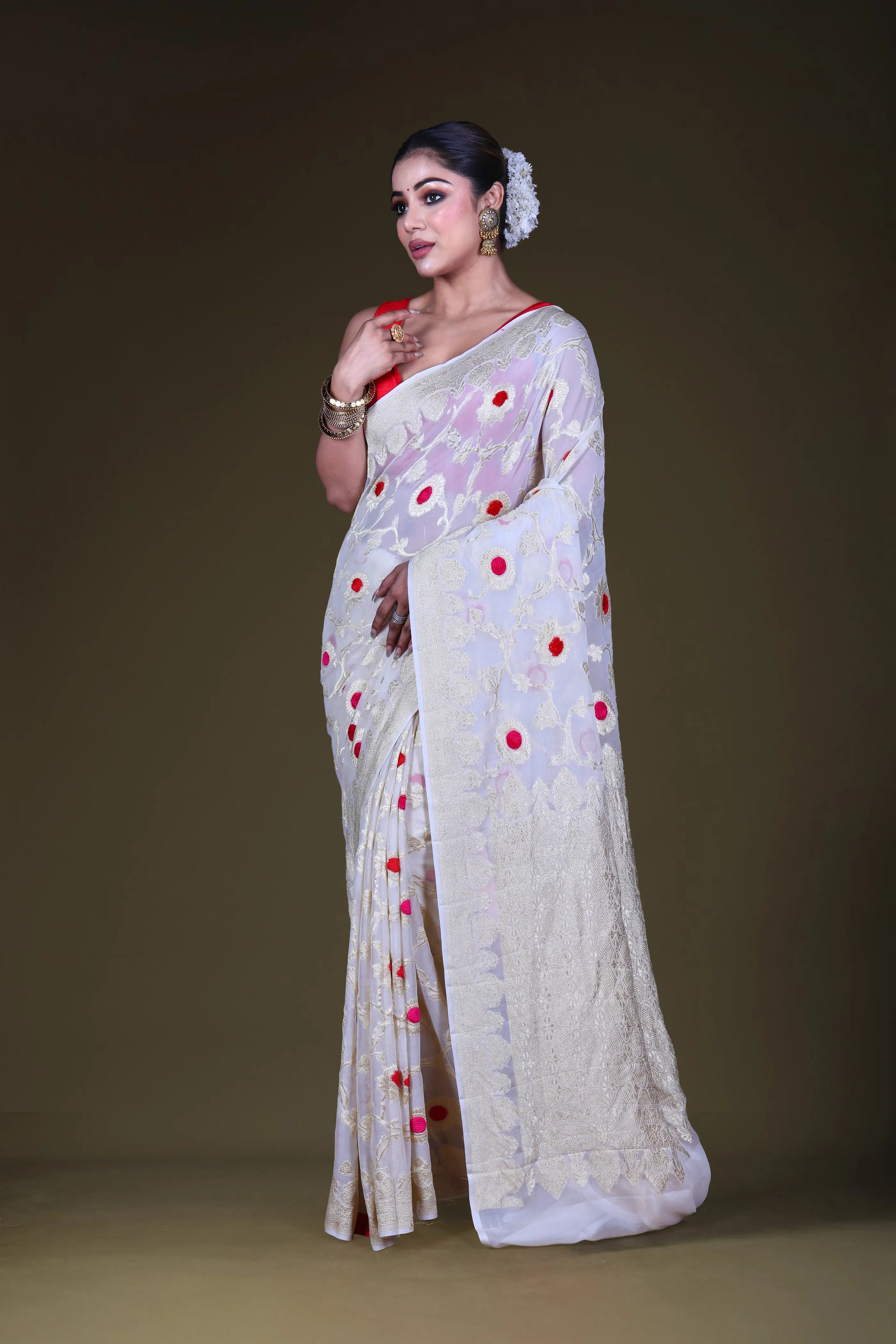 Cream Georgette Banarasi Saree With Blouse Piece