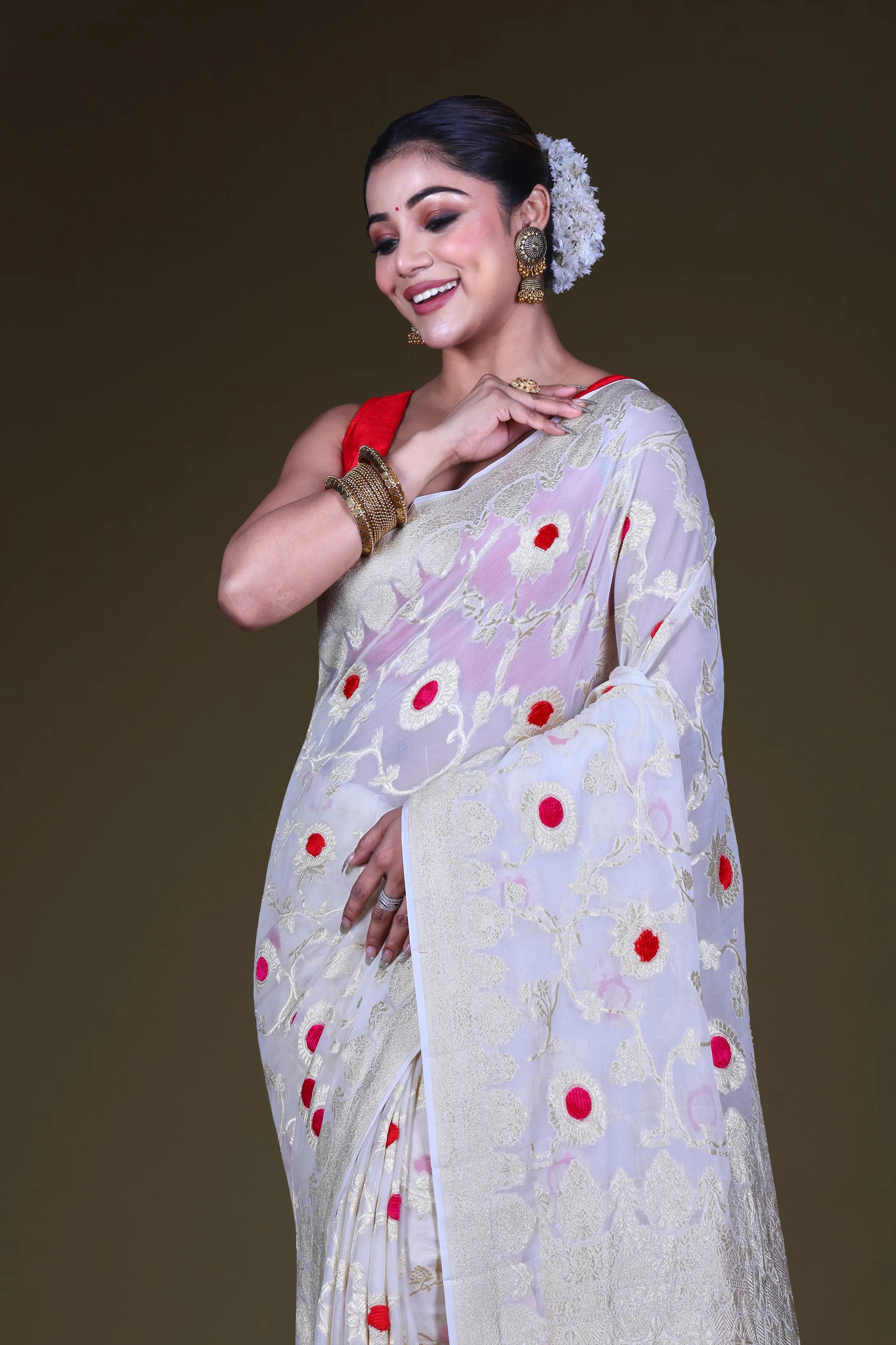 Cream Georgette Banarasi Saree With Blouse Piece
