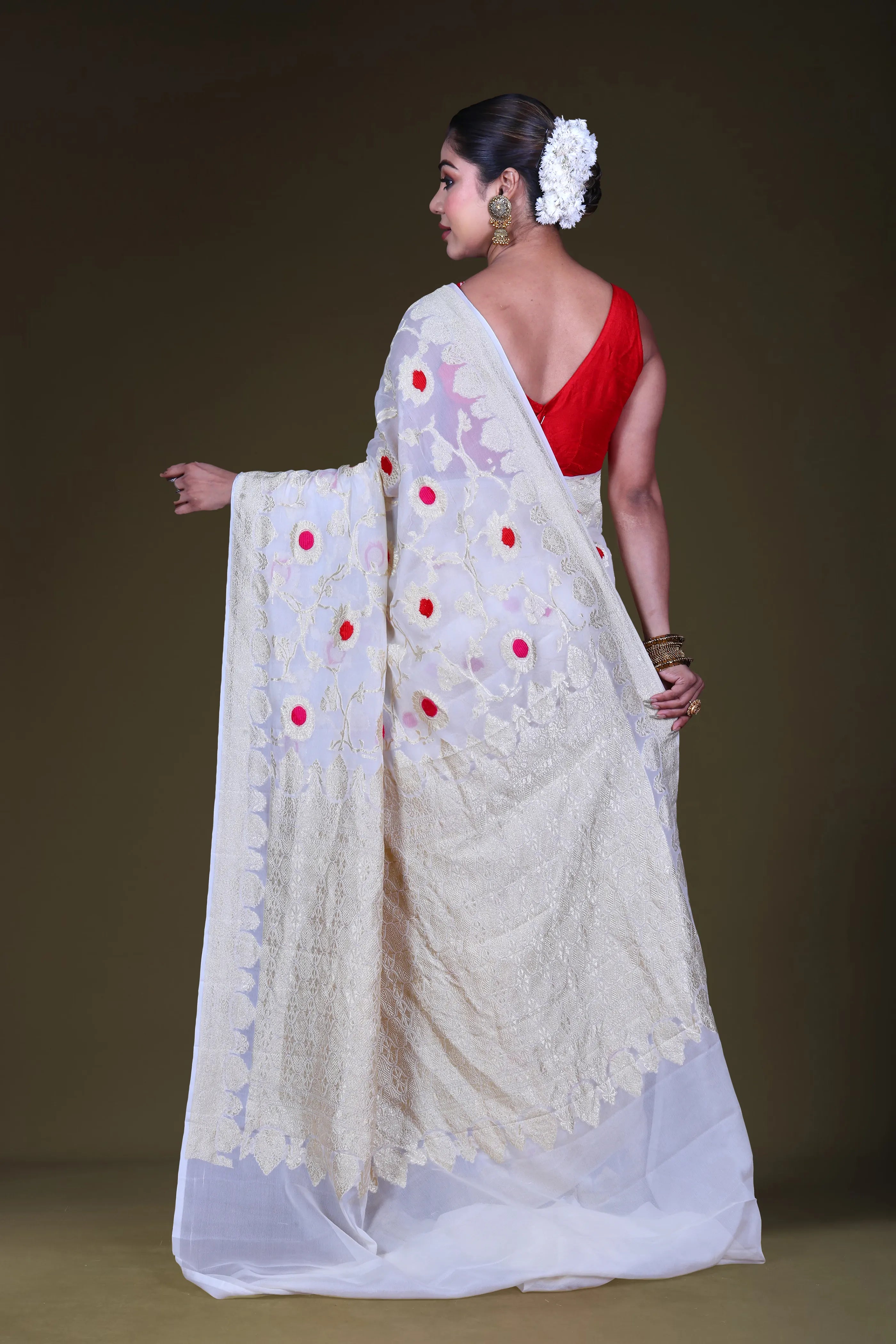 Cream Georgette Banarasi Saree With Blouse Piece