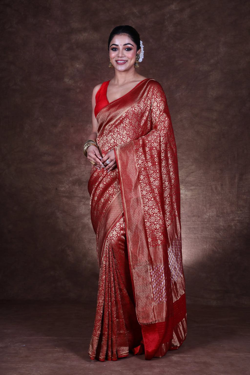 Reddish Maroon Semi Mashru Banarasi Saree With Blouse Piece