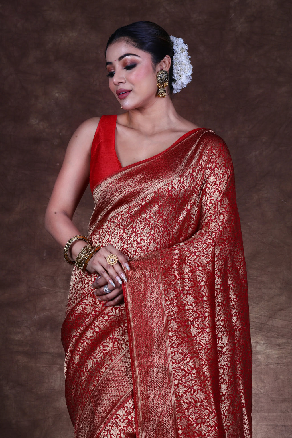 Reddish Maroon Semi Mashru Banarasi Saree With Blouse Piece