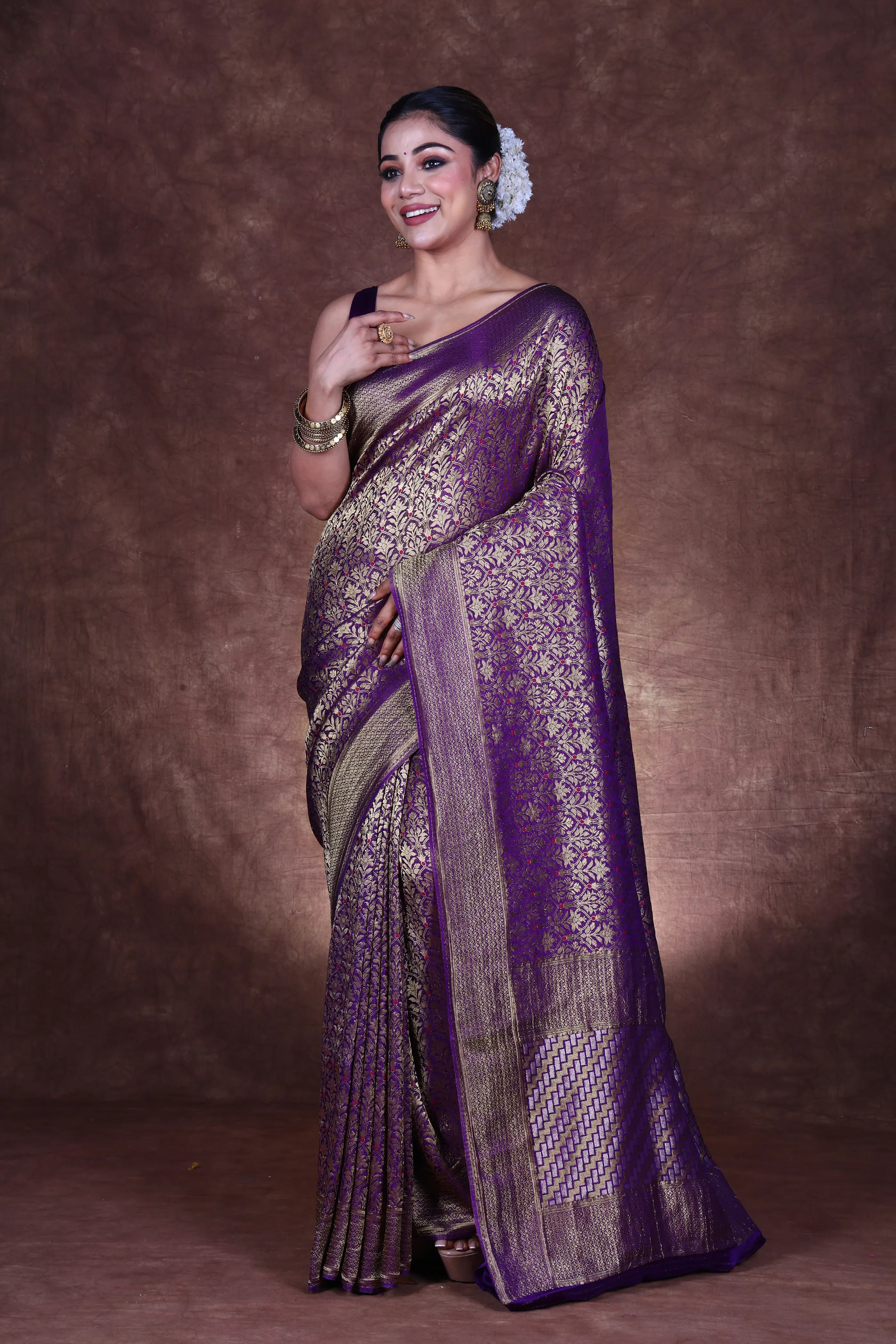 Purple Semi Mashru Banarasi Saree With Blouse Piece