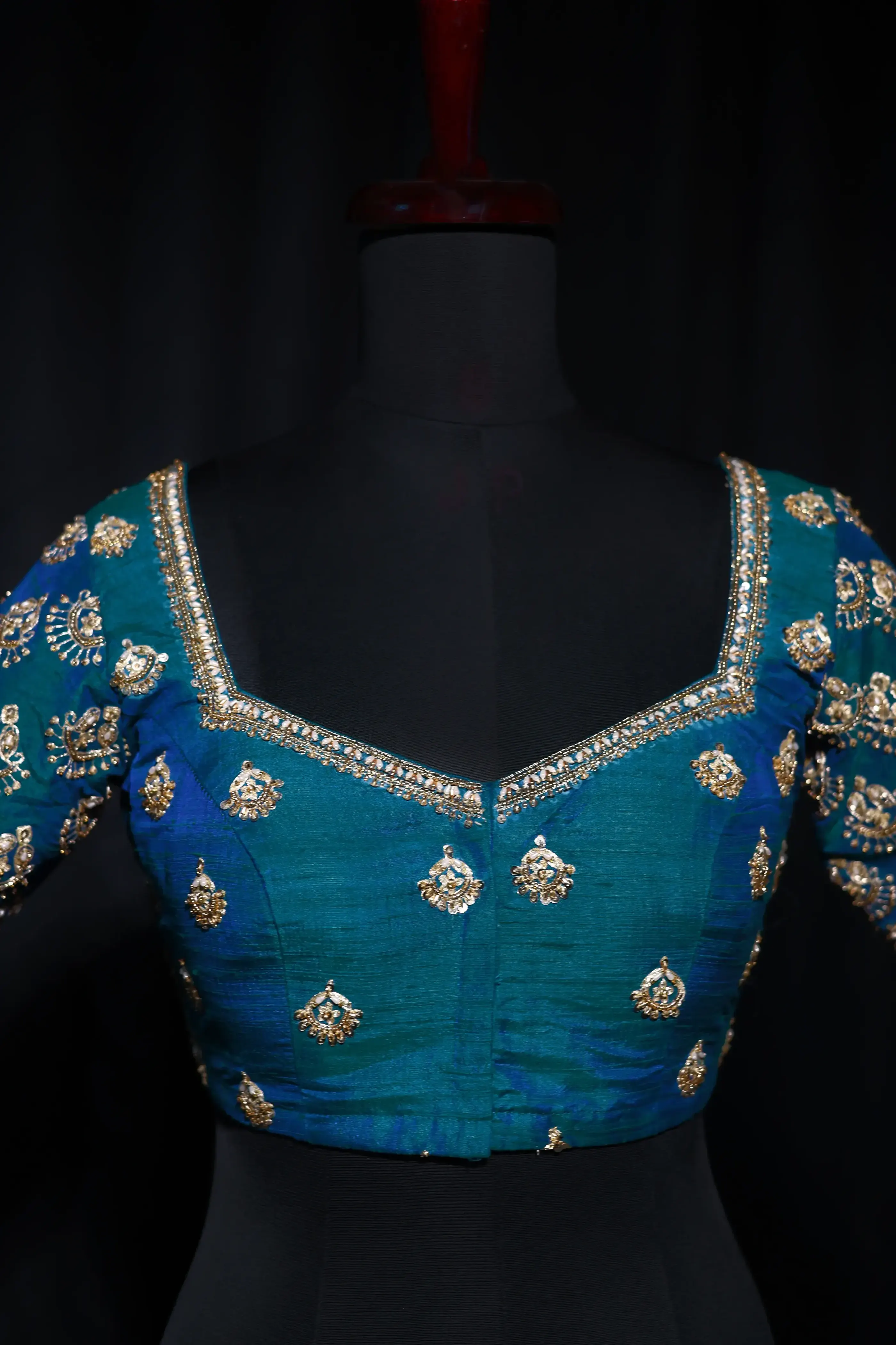 Peacock Blue Raw Silk Blouse For Women Jaal Style Party wear