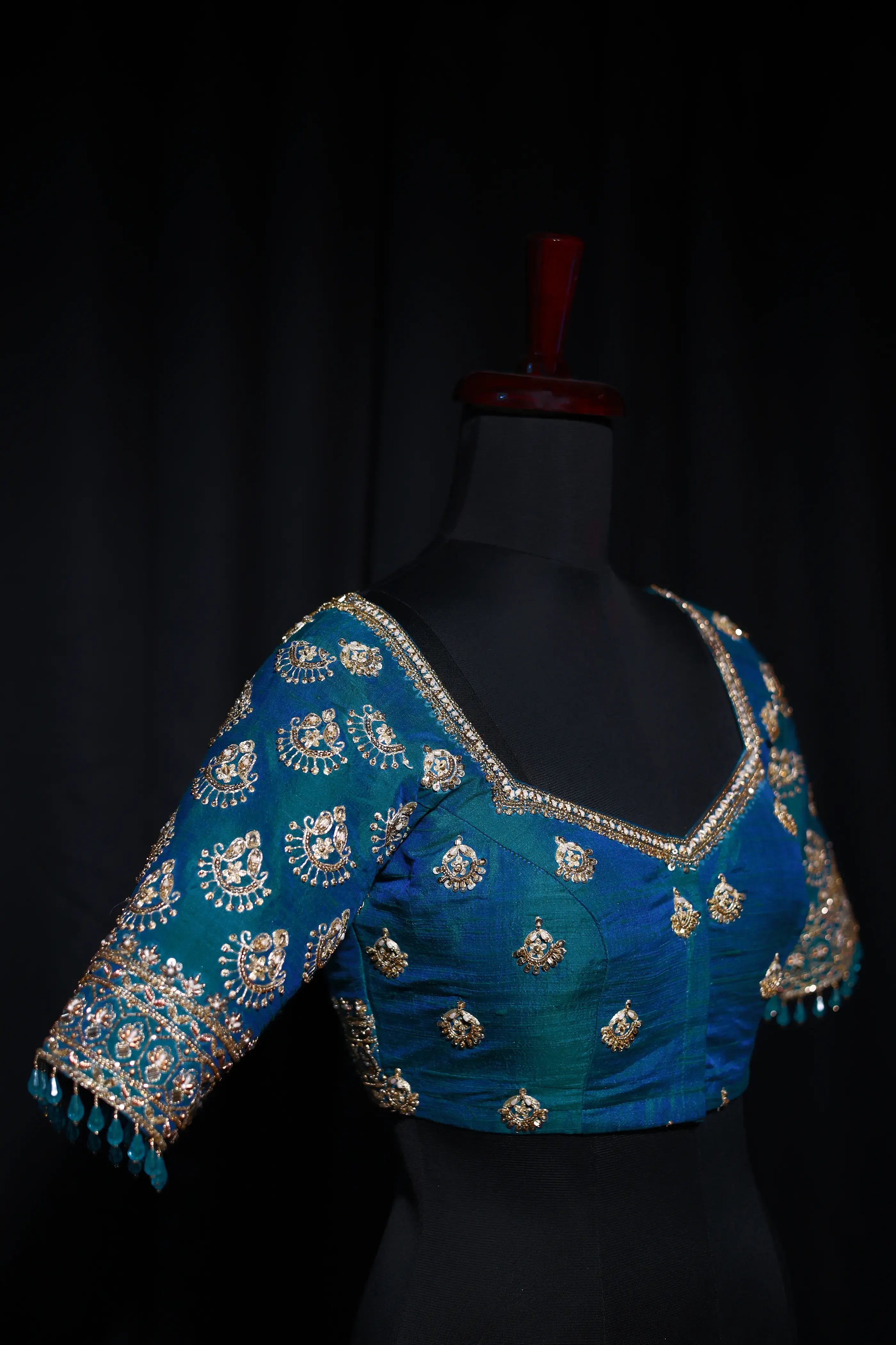 Peacock Blue Raw Silk Blouse For Women Jaal Style Party wear