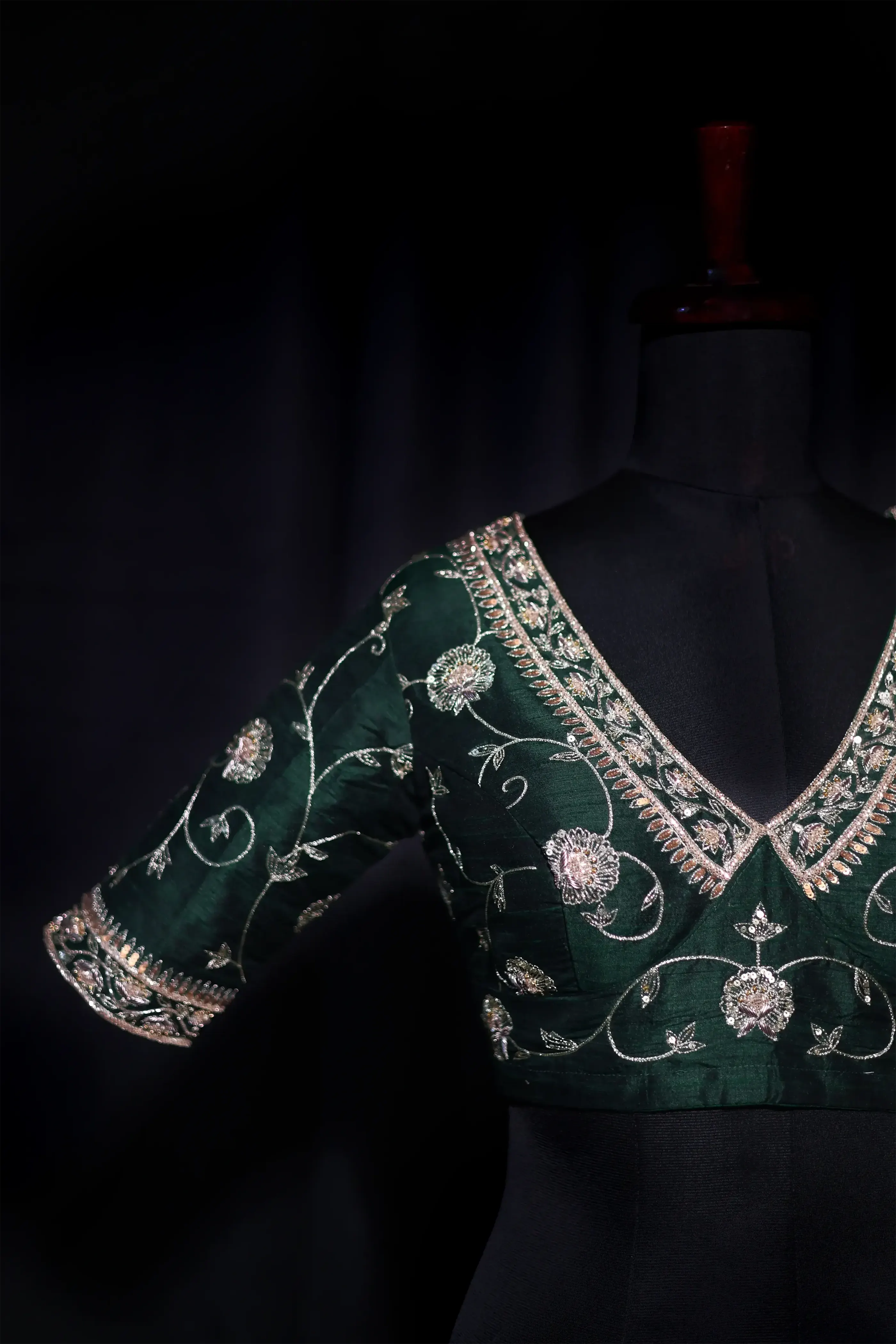 Bottle Green Raw Silk Blouse For Women Jaal Style Party wear