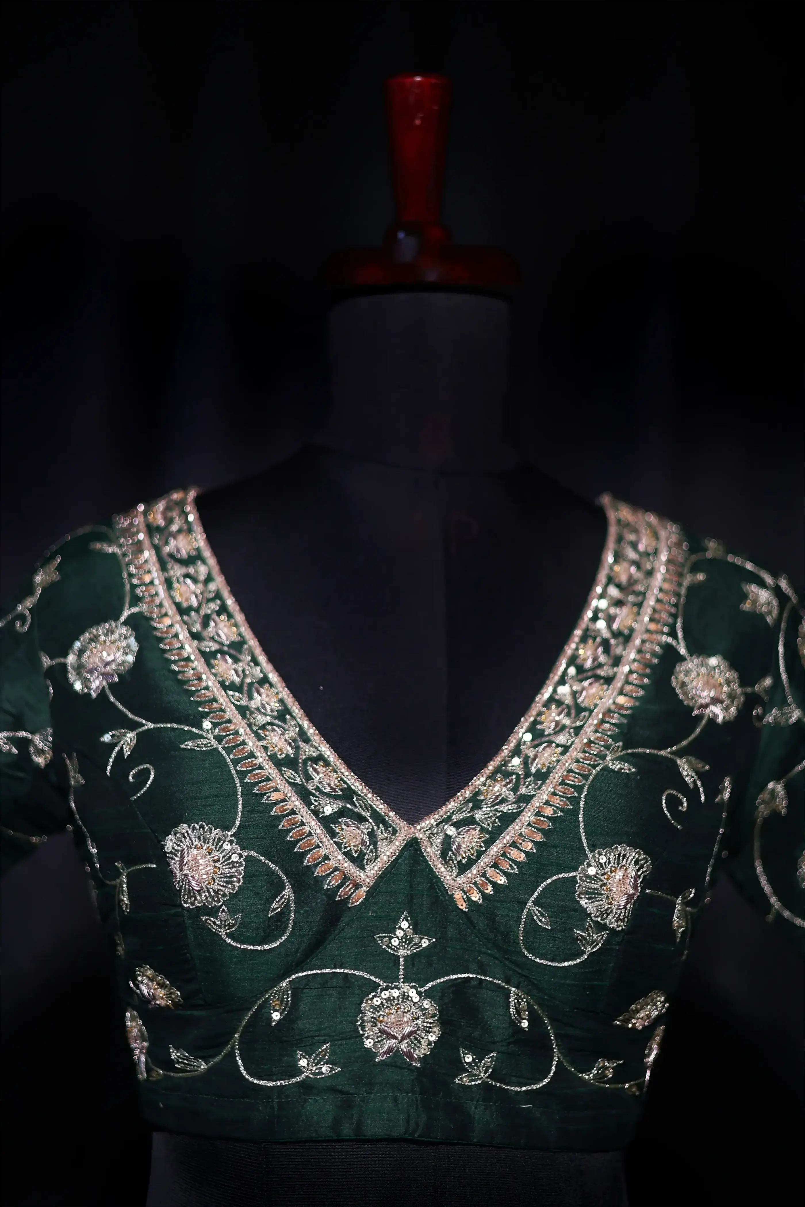 Bottle Green Raw Silk Blouse For Women Jaal Style Party wear