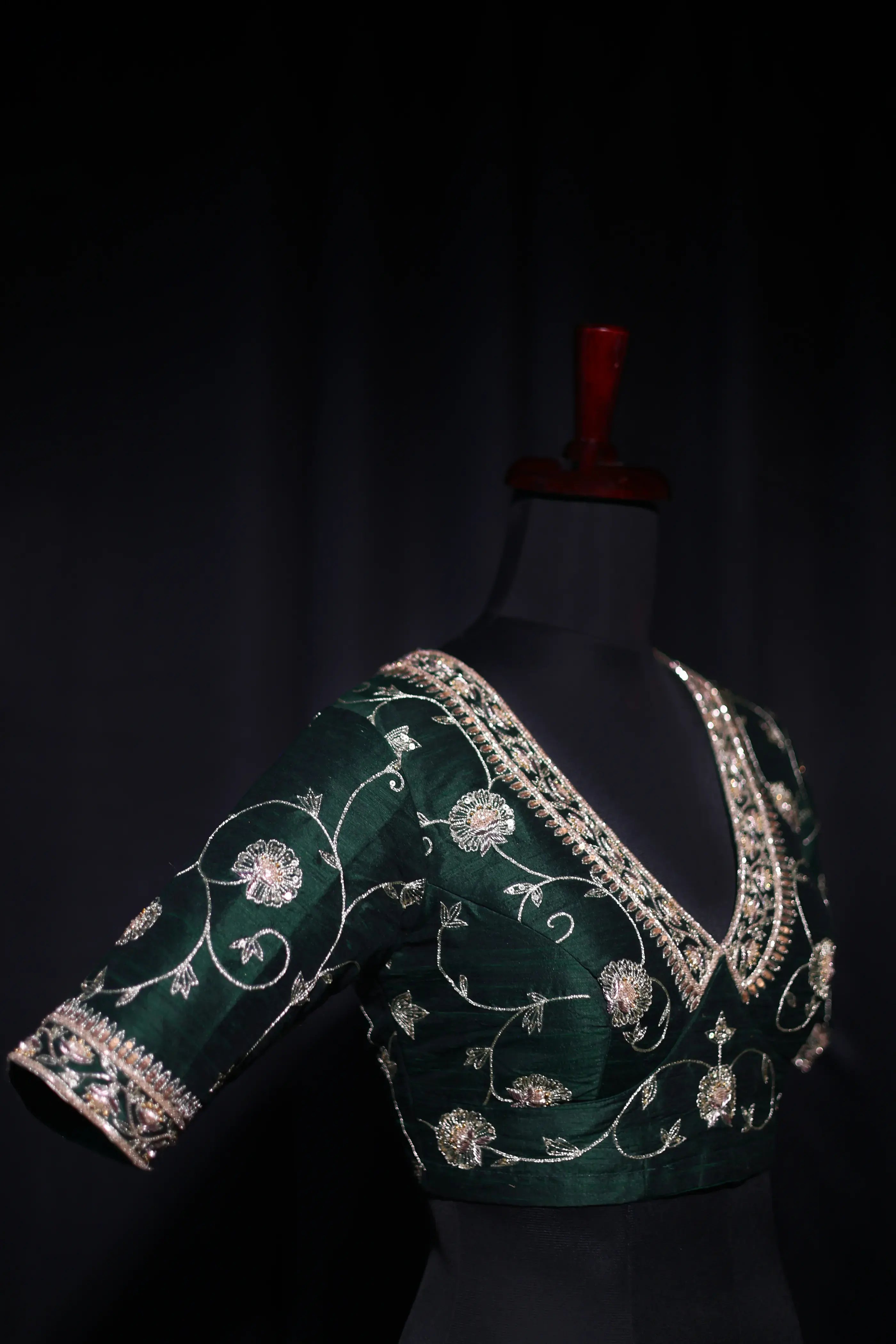 Bottle Green Raw Silk Blouse For Women Jaal Style Party wear