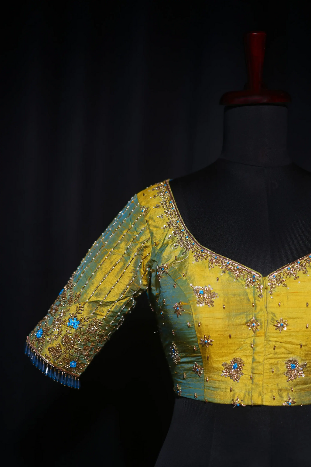 Lemon Yellow Dual Tone Raw Silk Blouse For Women Jaal Style Party wear