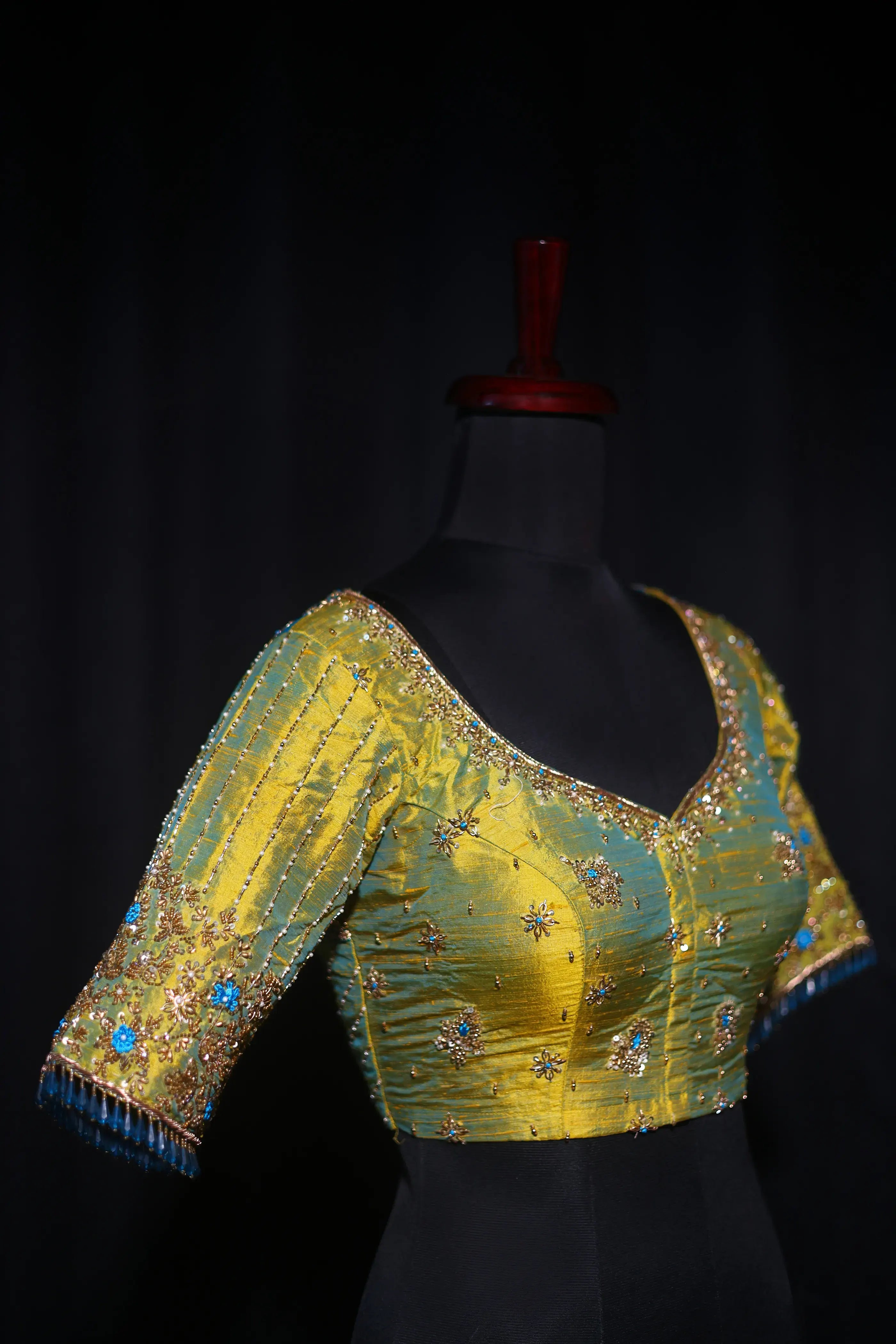 Lemon Yellow Dual Tone Raw Silk Blouse For Women Jaal Style Party wear