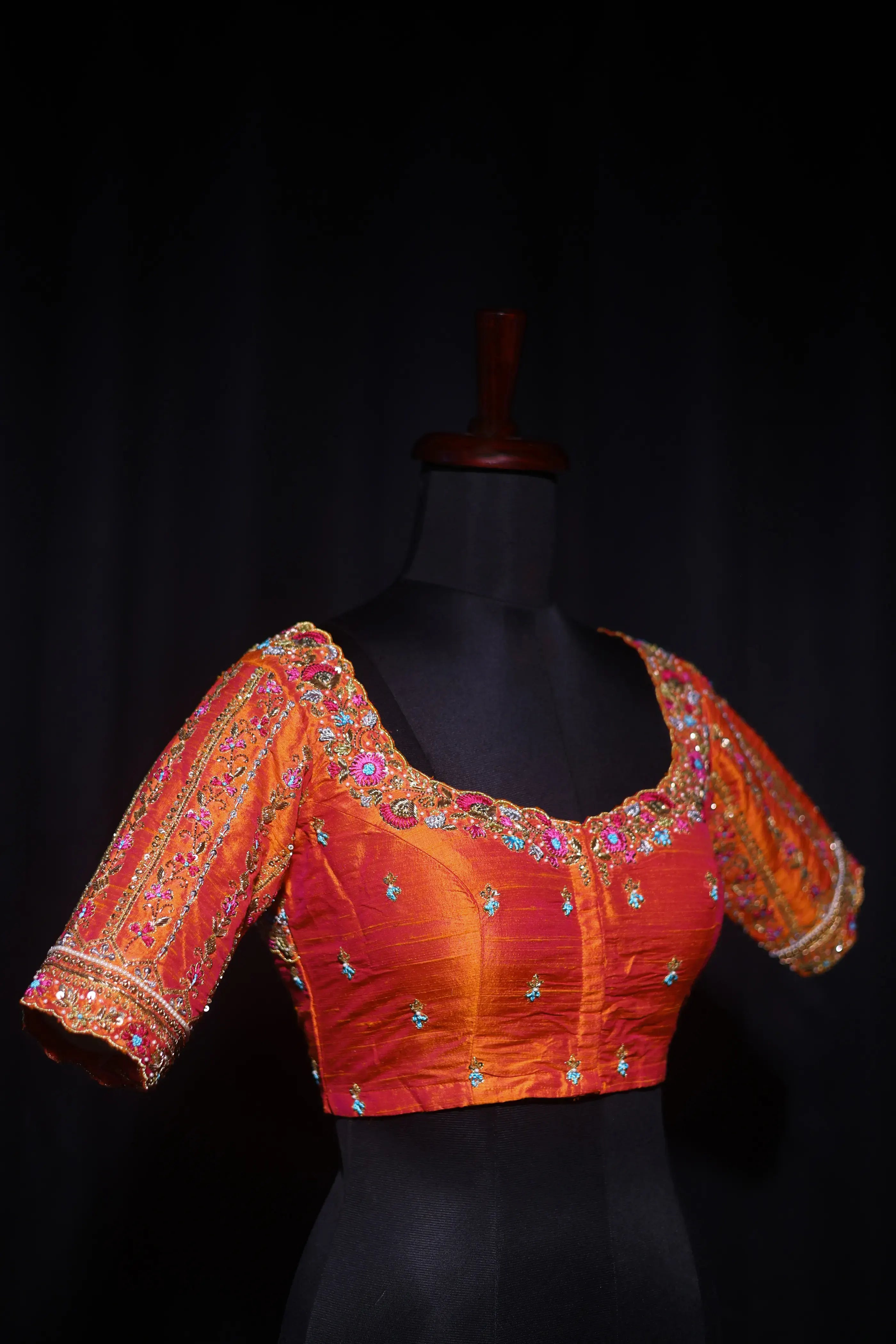 Orange Dual Tone Raw Silk Blouse For Women Jaal Style Party wear