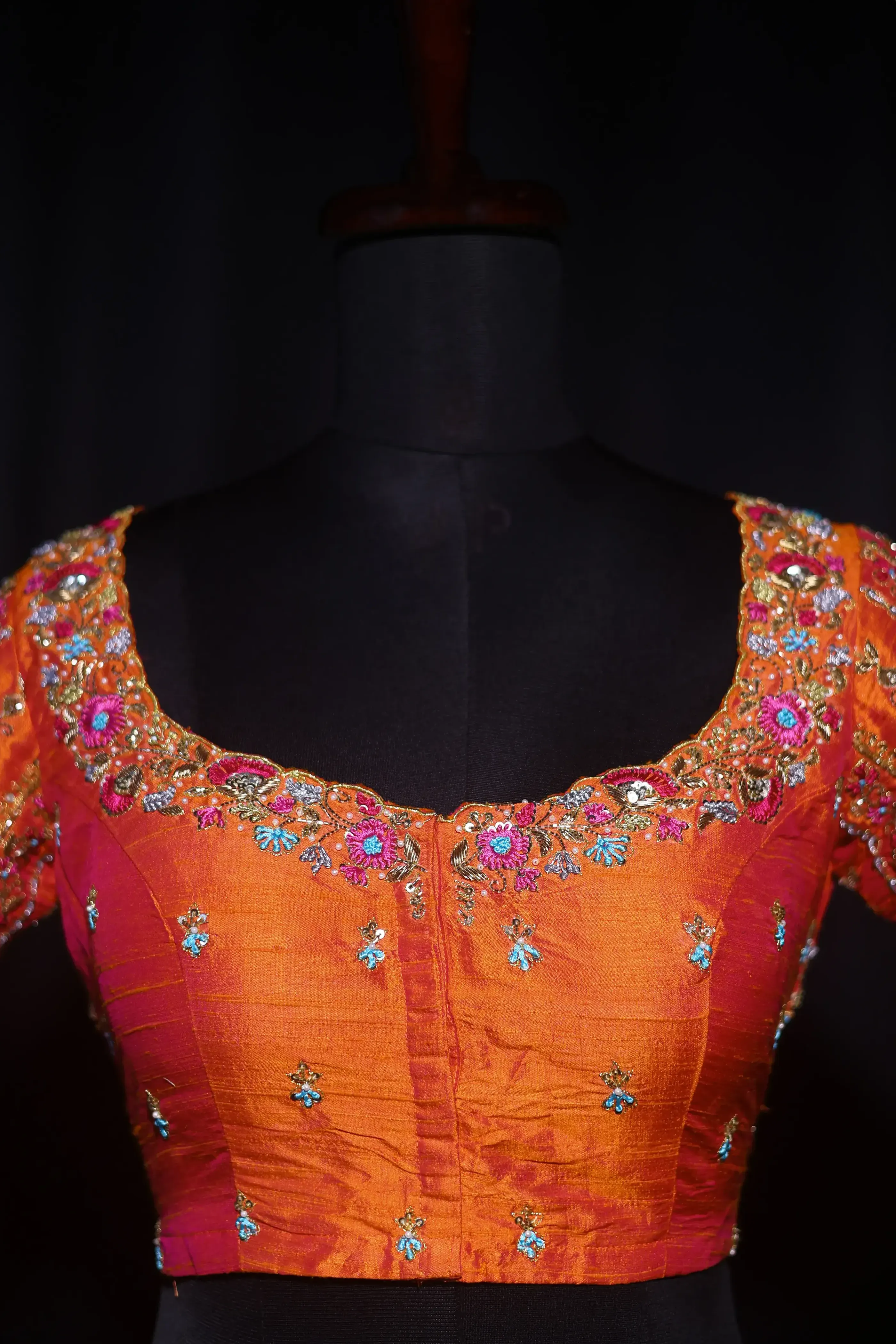 Orange Dual Tone Raw Silk Blouse For Women Jaal Style Party wear