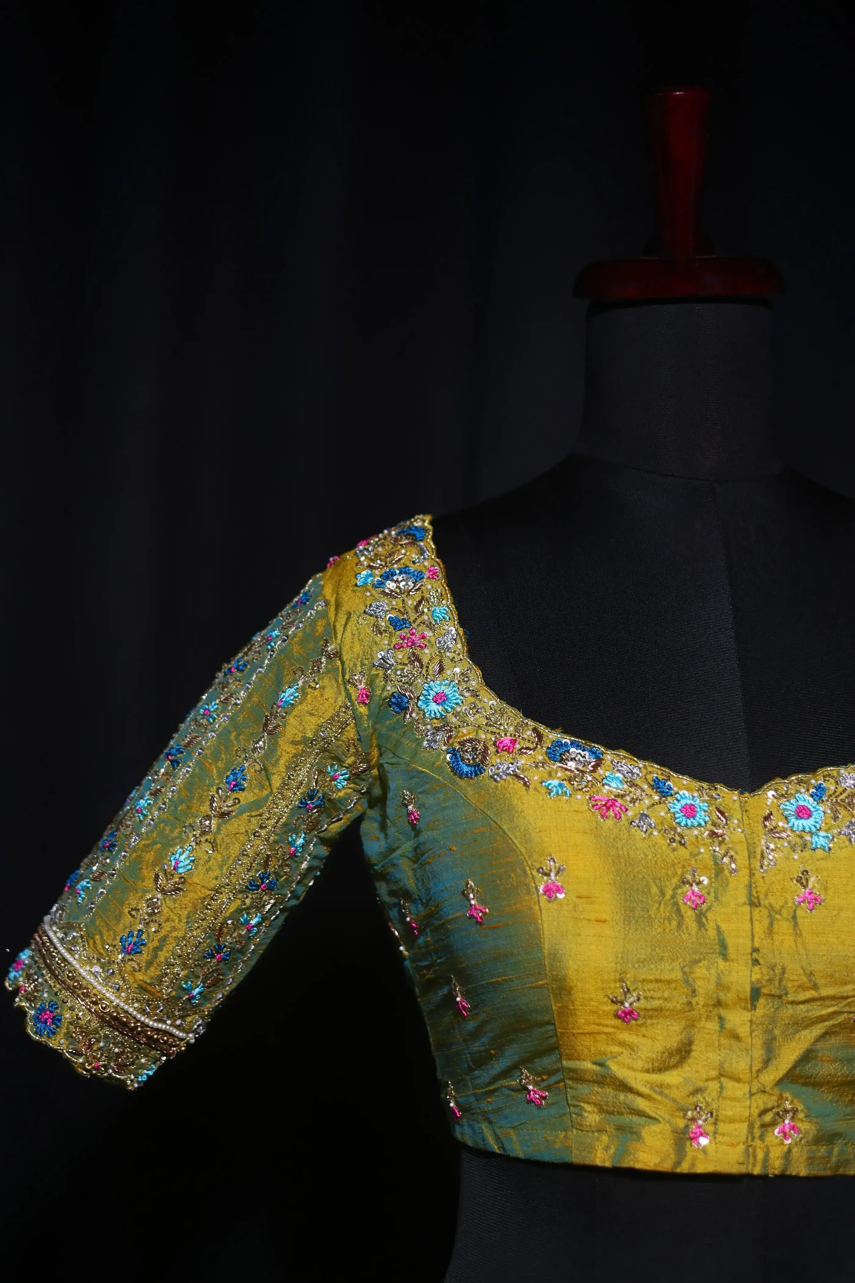 Lemon Yellow Dual Tone Raw Silk Blouse For Women Jaal Style Party wear